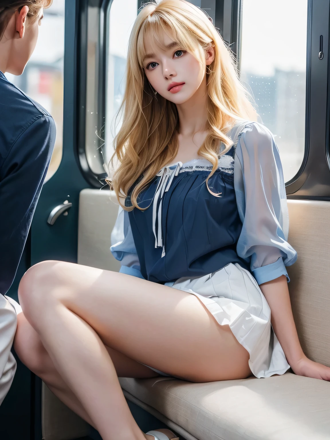 8K、Photo image masterpiece、highest quality、Super-resolution、Low angle view from the feet、Voyeur、Beautiful woman with golden, messy curly hair、((Blonde beauty))、With bangs、Impossibly cute face、And slim、Small breasts、High resolution、masterpiece、Exquisite Function 、Delicate eyes、Delicate blonde hair、8K quality、Pale light and shadow、Dindal effect、Blond hair blown by the wind、With bangs、Random Hairstyles、((A photo from the delicate feet)、(Detailed RAW Photos of Girls)、(Tabletop:1.25)、 (Highest quality:1.6)、(超High resolution:1.5)、(Real:1.75)、8K resolution、 (RAW Photos:1.2)、(Realistic:1.4)、Beautiful detailed woman、Very narrow waist、Very detailed eyes and face、Beautiful fine details, Ridiculous、Large file size、Very detailed、High resolution、highest quality、masterpiece、((A light navy blue summer blouse and a white skirt))、Very detailed、CG、Unified、8k wallpaper、wonderful、The finer detailasterpiece、highest quality、 Light on the face、sunglasses、Cinema Lighting、One 23 year old woman、((Inside a crowded train、Strong wind from the window in the car、Woman sitting in the front seat of a train、Men on both sides、The man on the right touches her thigh.、The man on the left is touching her breasts.、thighs are closed、Legs do not open、Wearing high heels、White Stockings、garter belt、Lighting from below、The inside of the skirt is also clearly visible.、Liked images、Voyeur: T-back panties of random colors and shapes peeking out from under a skirt、See-through thong panties、))