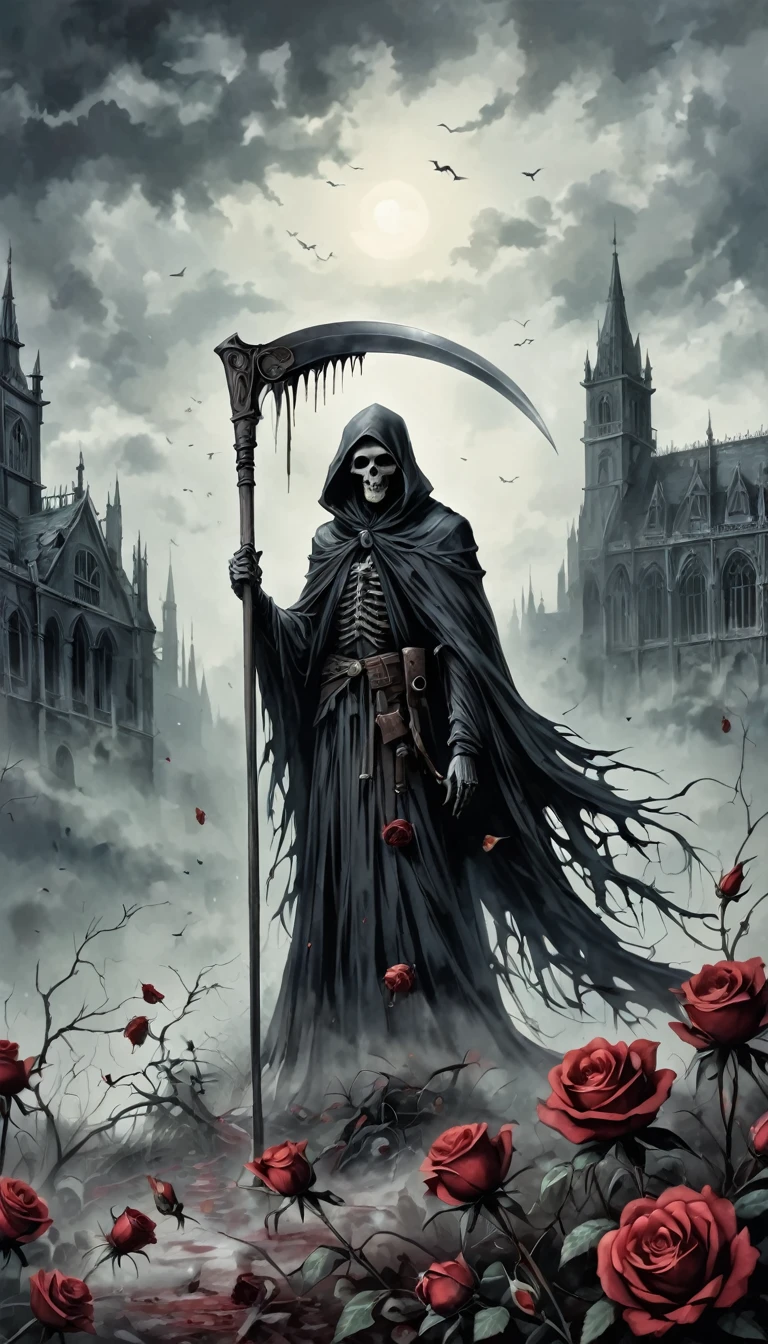 Grim Reaper holding a scythe,Gloomy eyes, Heqiang,Wilted roses,Withered Death,Simplicity,abstract,Gothic,Dark,Undead Bloodborne Art