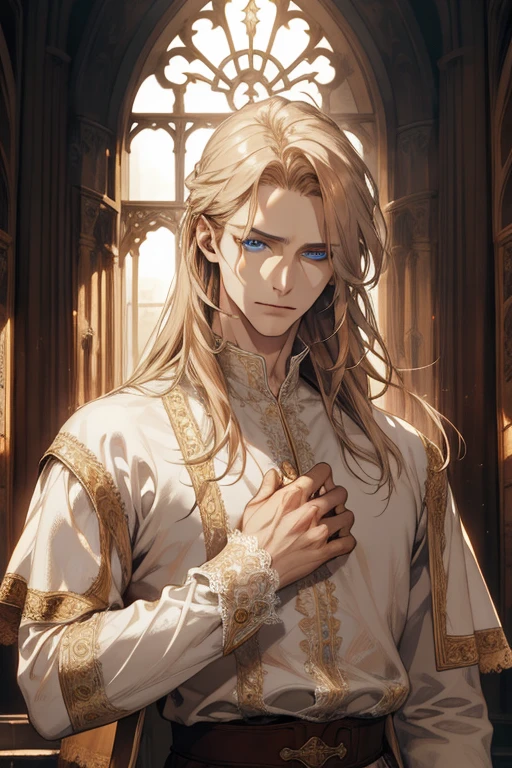 1 man, Realistic, master-piece, bestquality, Beautiful, detailed eyes and detailed faces.,natural light, Medieval Fantasy, European retro, White shirt, lace, Long dark golden hair, blue eyes, attractive, depressed, Decorative flowers, sunbeam
