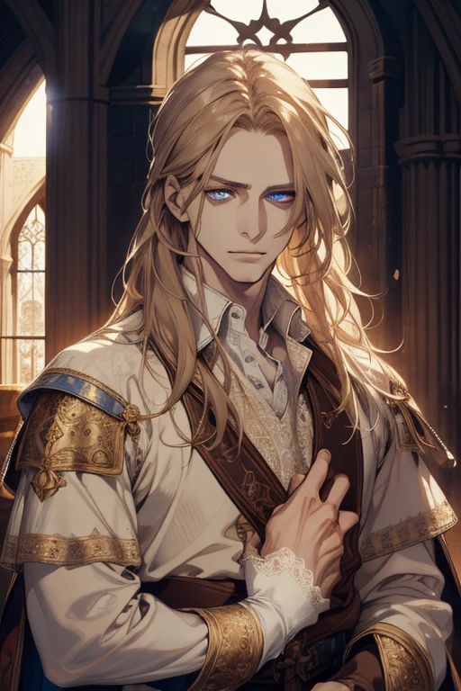 1 man, Realistic, master-piece, bestquality, Beautiful, detailed eyes and detailed faces.,natural light, Medieval Fantasy, European retro, White shirt, lace, Long dark golden hair, blue eyes, attractive, depressed, Decorative flowers, sunbeam