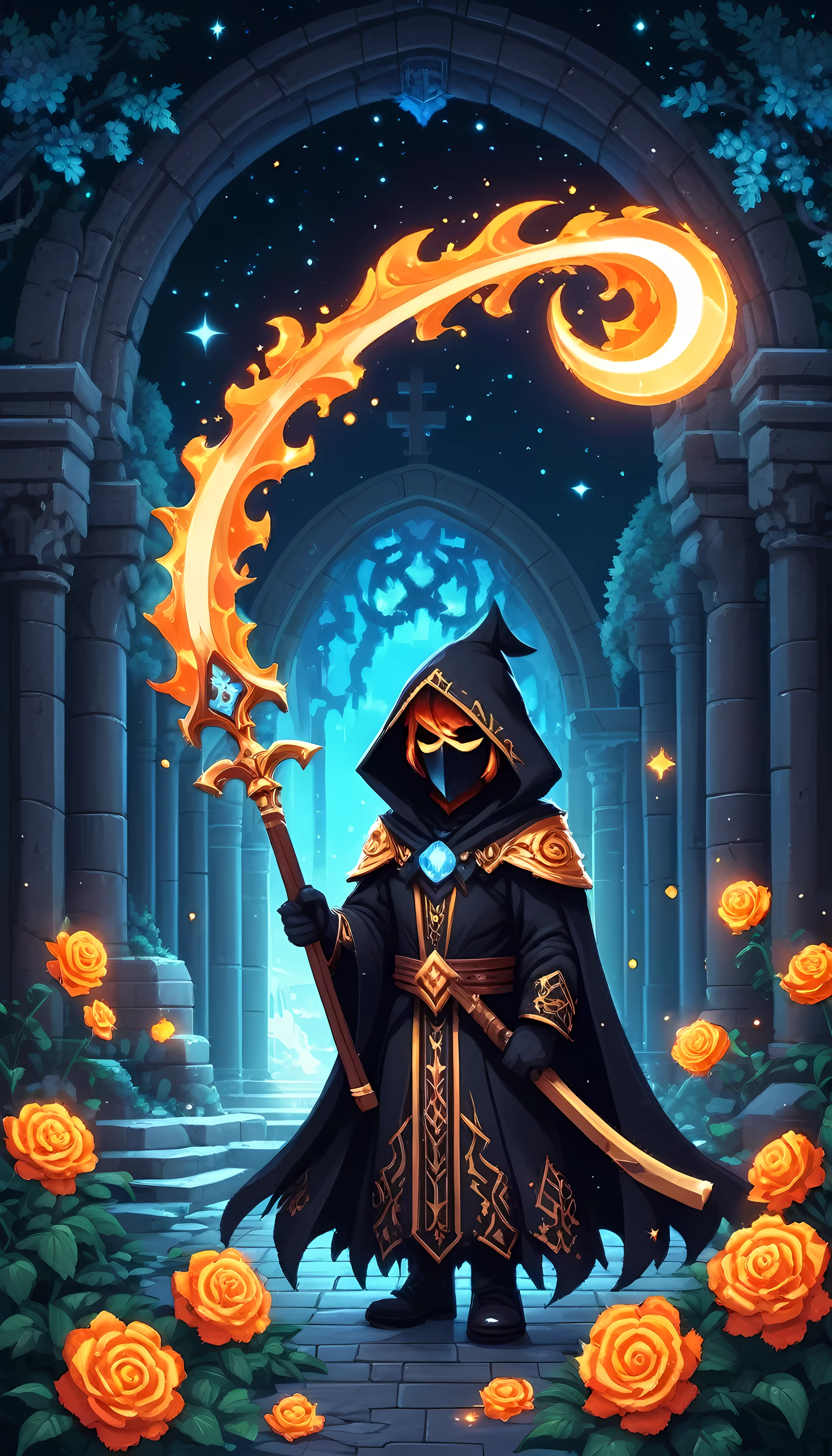 Bright epic professional (cute cartoon pixel illustration:1.2), (masterpiece in maximum 16K resolution, superb quality, ultra detailed:1.3), grip reaper holding a long (decorative scythe:1.2) with (light blue magic orbs), (floating orange petals), standing near a (grand crypt:1.2), wearing a full dark cloak with (((intricate complex patterns))) and (glowing runes), amidst forest cemetery, sparkles, starry night with crescent moon.
