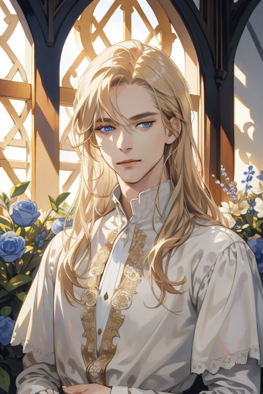 1 man, Realistic, master-piece, bestquality, Beautiful, detailed eyes and detailed faces.,natural light, Medieval Fantasy, European retro, White shirt, lace, Long dark golden hair, blue eyes, attractive, depressed, Decorative flowers, sunbeam