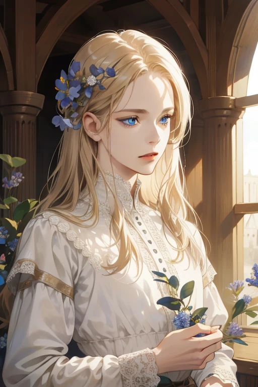 1 man, Realistic, master-piece, bestquality, Beautiful, detailed eyes and detailed faces.,natural light, Medieval Fantasy, European retro, White shirt, lace, Long dark golden hair, blue eyes, attractive, depressed, Decorative flowers, sunbeam