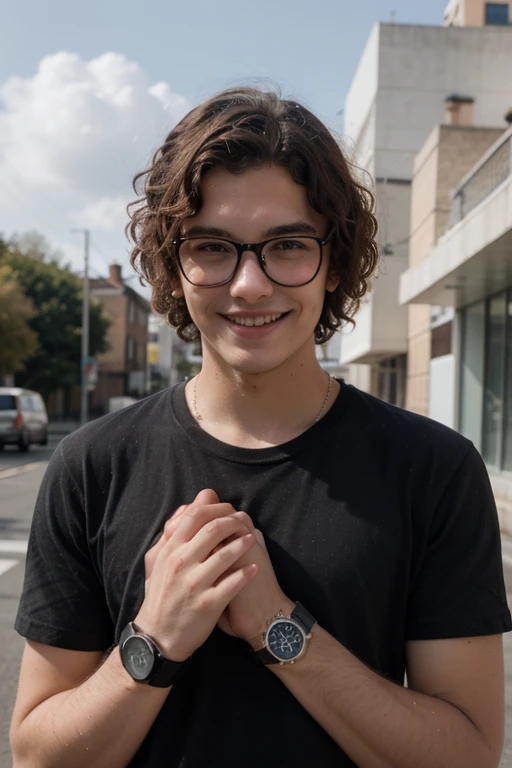 A 20 year old good looking boy having curly hair wearing glasses and a digital watch on his hand with a deep colour shirt folded his hands by cross with each other on his chest and a smile on his face.