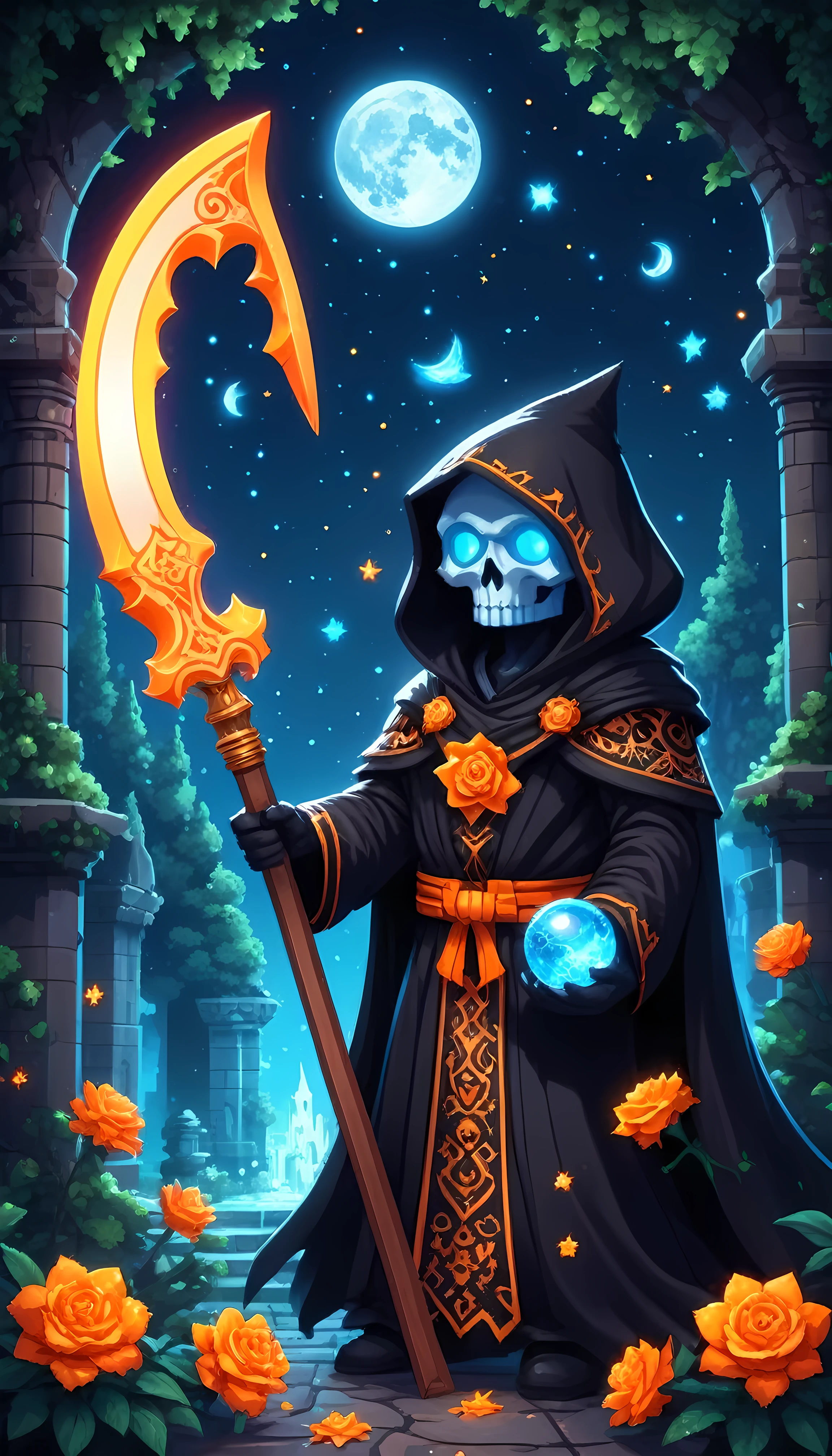 Bright epic professional (cute cartoon pixel illustration:1.2), (masterpiece in maximum 16K resolution, superb quality, ultra detailed:1.3), grip reaper holding a long (decorative scythe:1.2) with (light blue magic orbs), (floating orange petals), standing near a (grand crypt:1.2), wearing a full dark cloak with (((intricate complex patterns))) and (glowing runes), amidst forest cemetery, sparkles, starry night with crescent moon.
