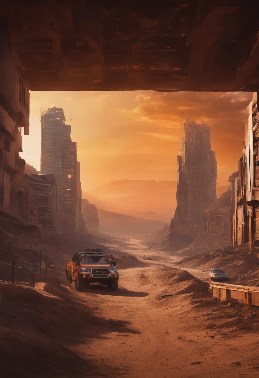 image of the view from inside a winding bridge between a tall tower in the center of a post-apocalyptic North American canyon and another building, view of the entire desert, there is a reinforced concrete walkway connecting one building to another on the horizon, o deserto tem canyons no horizonte, tall buildings on the horizon and everywhere, has smoky structures, carros abandonados nas ruas, desert megalopolis, tall buildings and collapsing to the ground, many destroyed buildings around, sol da tarde, orange sky, visible sun setting, sunset in the sky, sol poente visivel no horizonte alaranjado, TEM UMA GAROTA VESTIDA COM CAPUZ ANDANDO NA RUA, as realistic as possible, As detailed as possible, as realistic as possible, ultra realismo