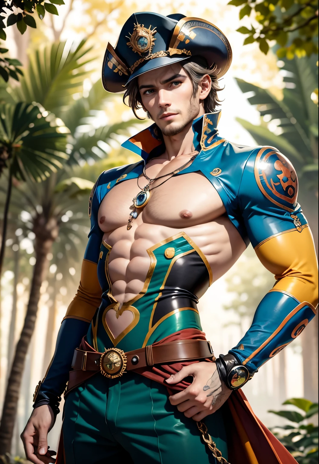 Nebur Belmont, Masterpiece, (Ultra Detailed), (Animal Anthropomorphism), pirate and steampunk Theme, Cat, Handsome, en pose de lucha,, atletic body, Cabello naranja , ojos dorados, Police costume, Police hat , en bosque majestuoso con cascadas , lluvioso , Mariposas ((Bokeh ligero)), intrincado, (acero metal [reposo]), elegante, sharp focus, , Soft lighting, colores vibrantes, (Obra maestra), ((bosque)), (Cara detallada), vendimia, dynamic，, cuerpo completo, small smile, Cabello largo, Cara voluble, Perfect anatomy,Cara ruda, Impeccable art line, acuarela, colored pencils, alta calidad, detalle,