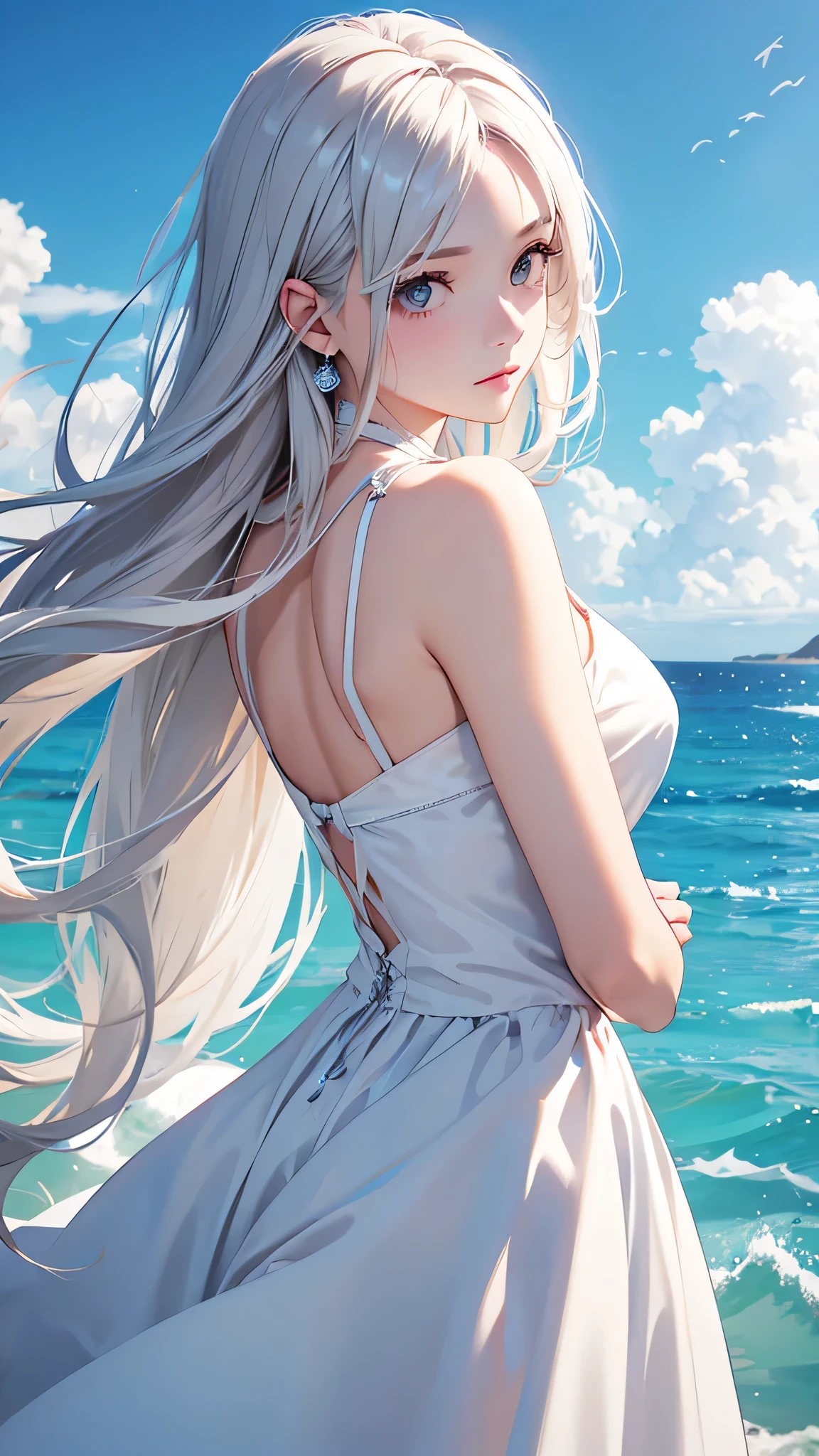 highest quality、Realistic、female、zoom、cute、Gray Eyes、Platinum Blonde Hair、long hair、 Dresses、Ocean、blue sky、