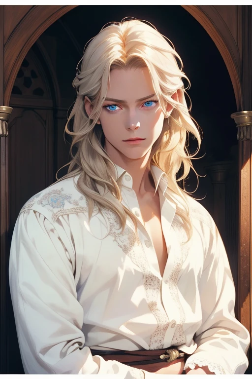 1 man, Realistic, master-piece, bestquality, Beautiful, detailed eyes and detailed faces.,natural light, Medieval Fantasy, European retro, White shirt, lace, Long dark golden hair, blue eyes, attractive, depressed, Decorative flowers, sunbeam