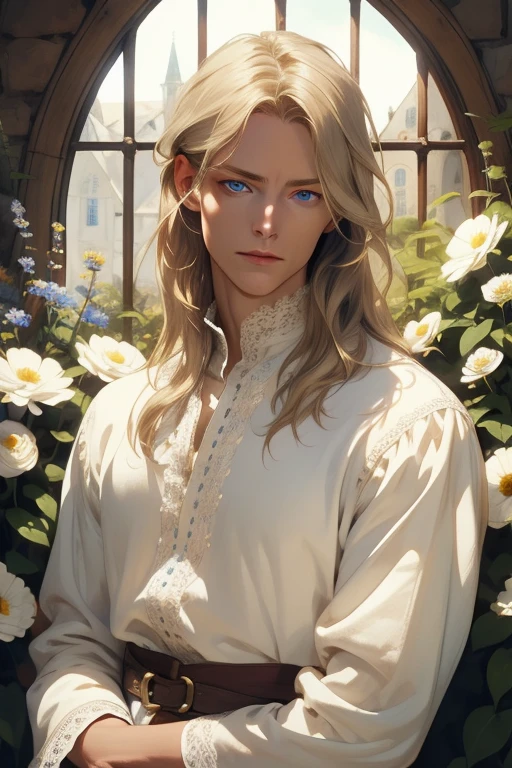 1 man, Realistic, master-piece, bestquality, Beautiful, detailed eyes and detailed faces.,natural light, Medieval Fantasy, European retro, White shirt, lace, Long dark golden hair, blue eyes, attractive, depressed, Decorative flowers, sunbeam