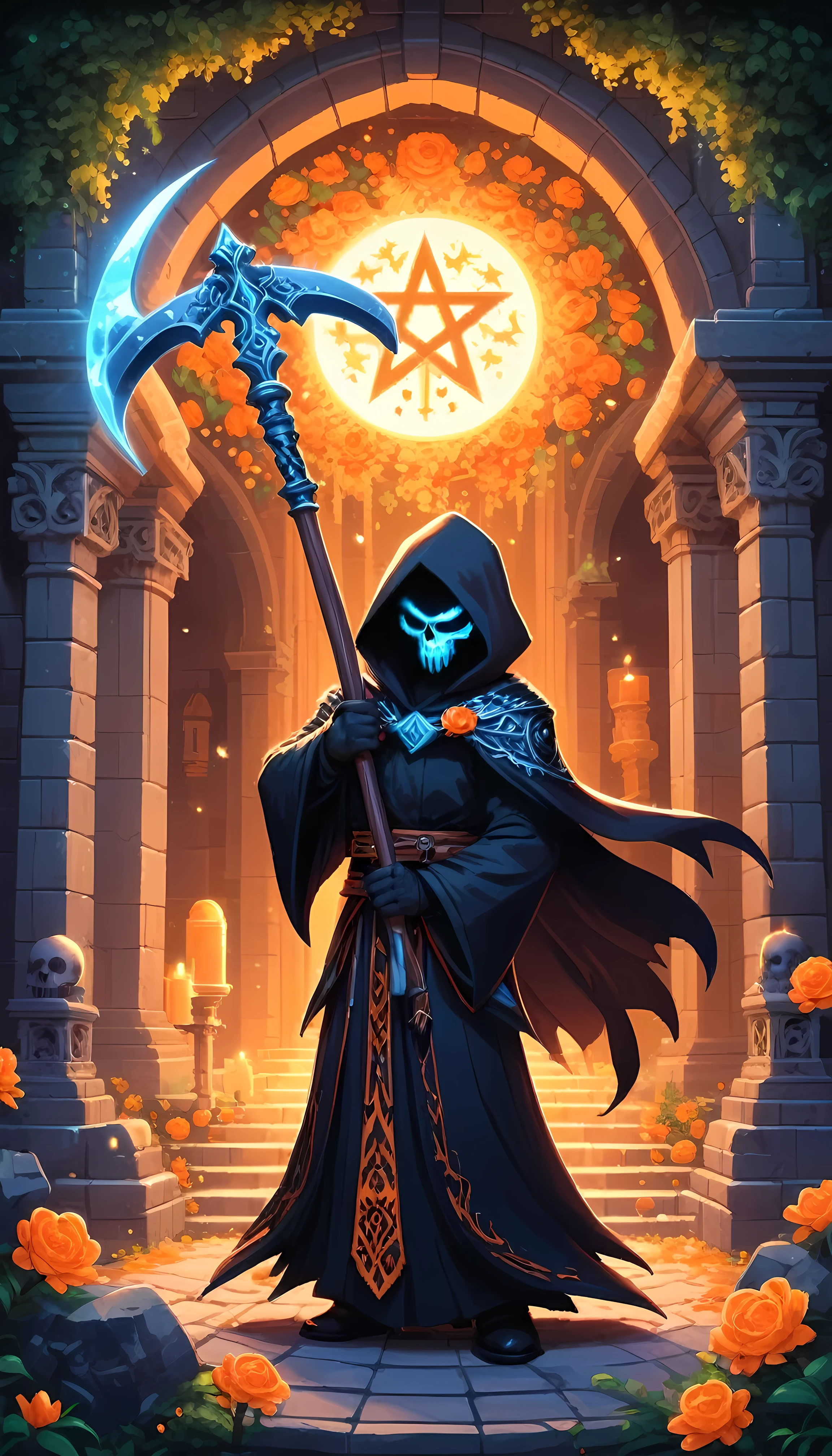 Bright epic professional (cute cartoon pixel illustration:1.2), (masterpiece in maximum 16K resolution, superb quality, ultra detailed:1.3), grip reaper holding a long (decorative scythe:1.2) with (light blue magic orbs), (floating orange petals), standing near a (grand crypt:1.2), wearing a full dark cloak with (((intricate complex patterns))) and (glowing runes), amidst forest cemetery, sparkles, starry night with crescent moon.
