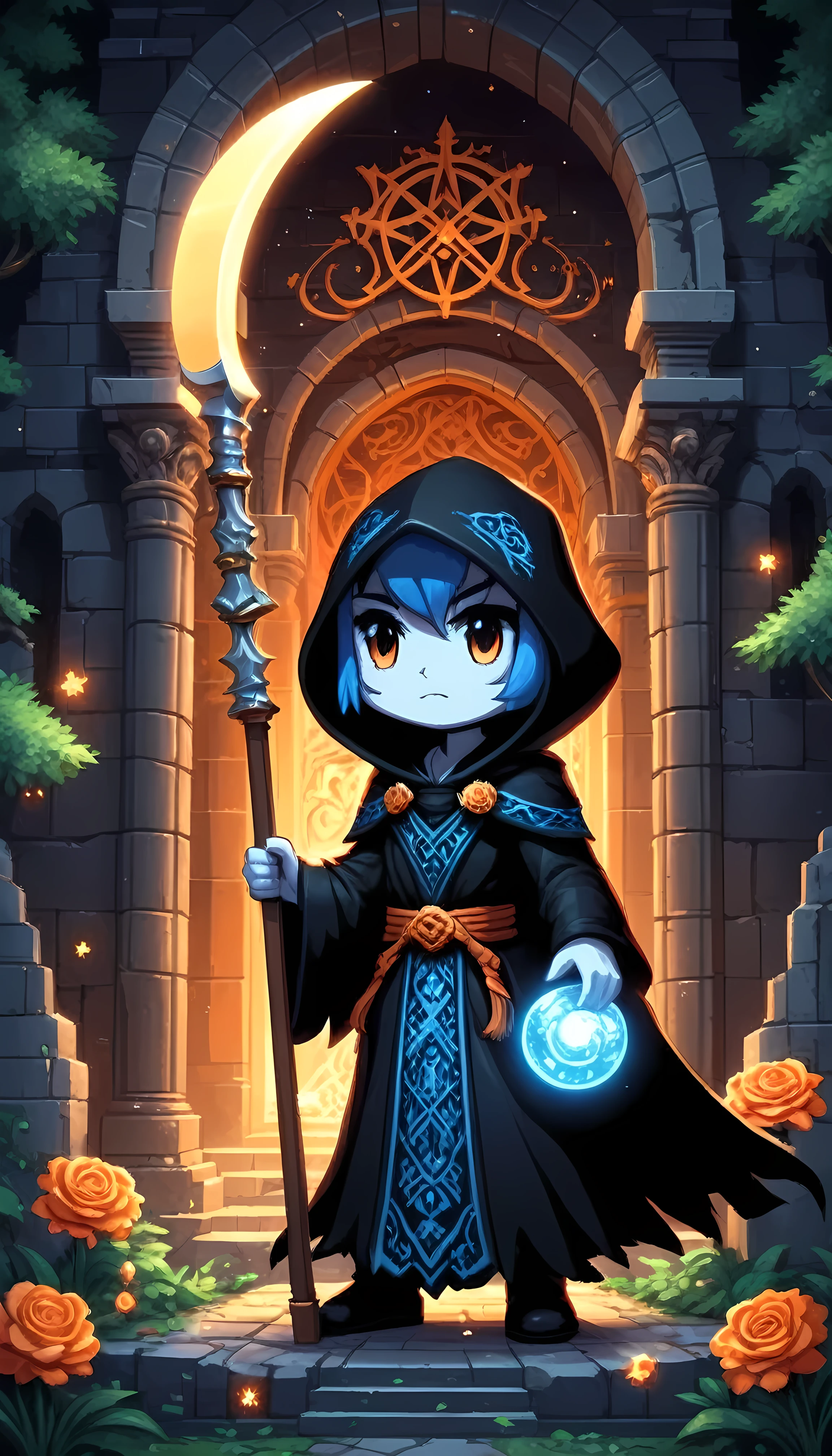 Bright epic professional (cute cartoon pixel illustration:1.2), (masterpiece in maximum 16K resolution, superb quality, ultra detailed:1.3), grip reaper holding a long (decorative scythe:1.2) with (light blue magic orbs), (floating orange petals), standing near a (grand crypt:1.2), wearing a full dark cloak with (((intricate complex patterns))) and (glowing runes), amidst forest cemetery, sparkles, starry night with crescent moon.