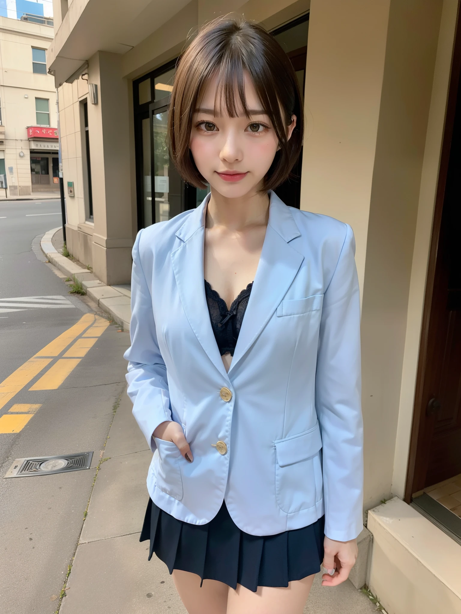 ((Best of the highest quality, 8k, Masterpiece: 1.3, raw photo)), Sharp focus: 1.2, (1 AESPA, slim body type female, 21 y/o: 1.1), (Solo: 1.2), (realistic, photo-realistic:1.37), face focus, cute face, finely eyes, (droopy eyes: 1.32), (Emphasize prominent aegyo-sal with bright: 1.2), shimmering eyeshadow applied under the lower lash line, paired with thick, (from behind: 1.16), (small breasts, flat chest, Thigh: 1.3), (short bob, bangs: 1.2), (wearing blazer and shirt of school uniform, panties: 1.32), walking terrace office, sun light, flower