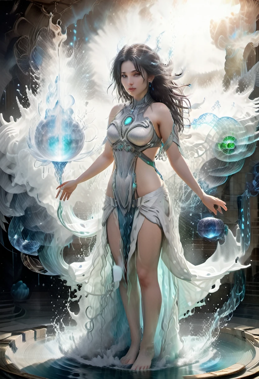 Aphrodite in an orb, in wrath, mythical scene , water wrapped around body, perfect body, perfect face, perfect hands, hold an blue flames astral orb, floating on water, blue flames eyes, wavy long hair, no dress, body exposed, disclose, ethereal white dragon, ethereal water, ethereal, massive smoke, blue-green smoke, feet on clouds, UHD, ultra detailed, hyper realistic, surrealism, epic realism, shiny body, glowing body