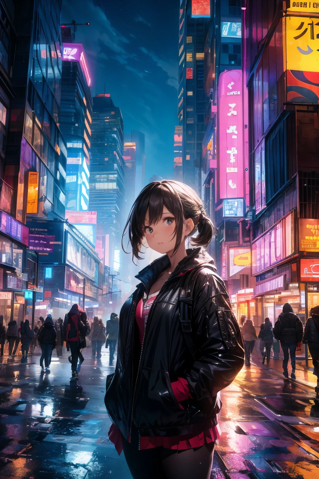 In another part of the masterpiece, a vibrant cityscape unfolds, towering skyscrapers illuminated with a kaleidoscope of neon lights. The character, standing amidst this urban jungle, is encapsulated by a blend of wonder and resolve, her gaze mirroring the city's pulsating energy. This cityscape serves as a symbol of her encounters with the modern world, its challenges, and her struggle to carve out her unique path. With an exquisite attention to detail, this high-resolution work of art benefits from volumetric lighting and ray tracing, presenting a truly breathtaking bust shot in 8K resolution, worthy of an awe-in