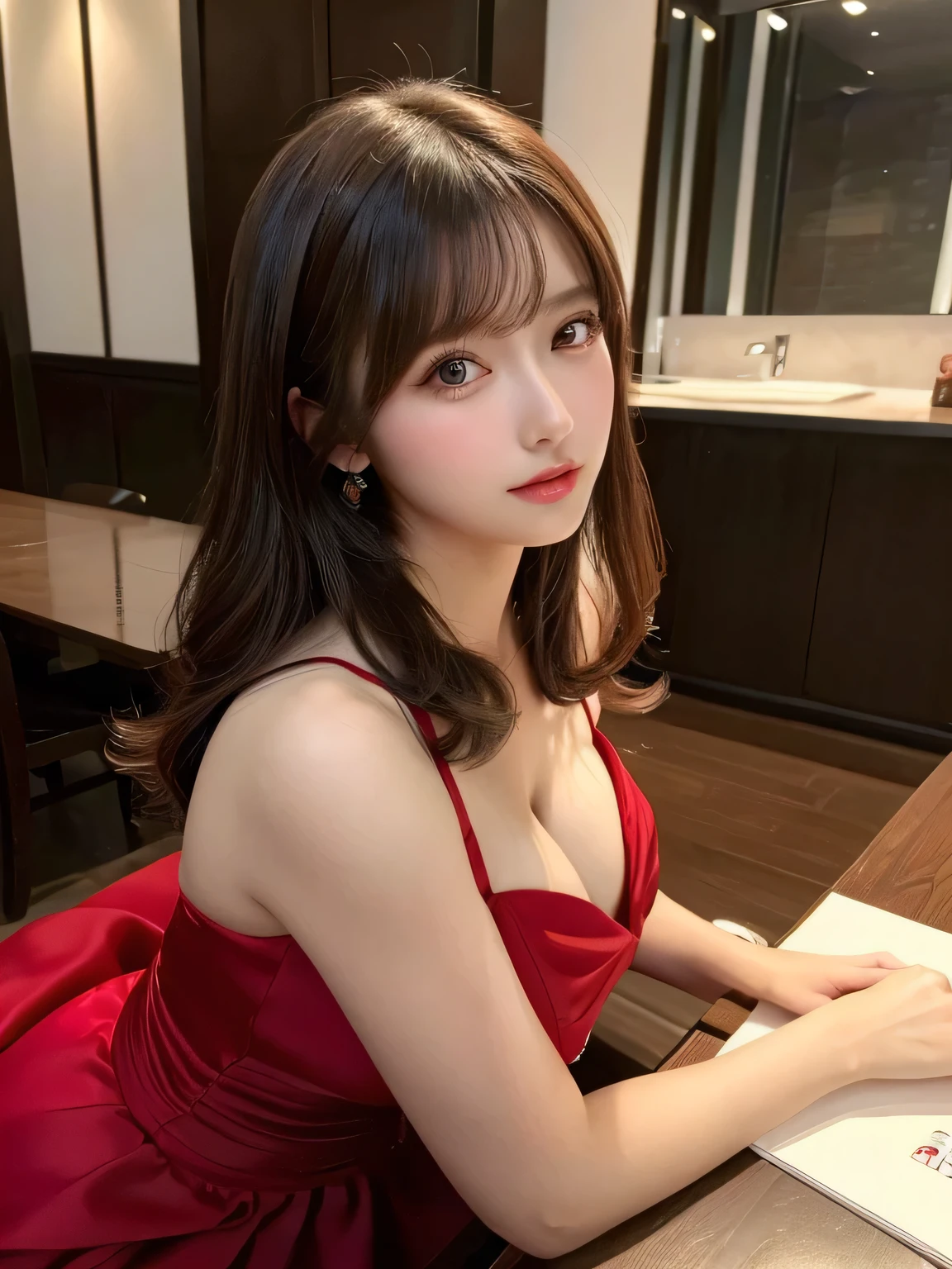 (Look here 1.8),(Big Tits 1.8),(Table Top 1.6),((highest quality)),(Ultra-high resolution),(masterpiece, highest quality, highest quality, Official Art, beautifully、aesthetic:1.2), (One girl), Very detailed,(Gorgeous red dress 1.6)