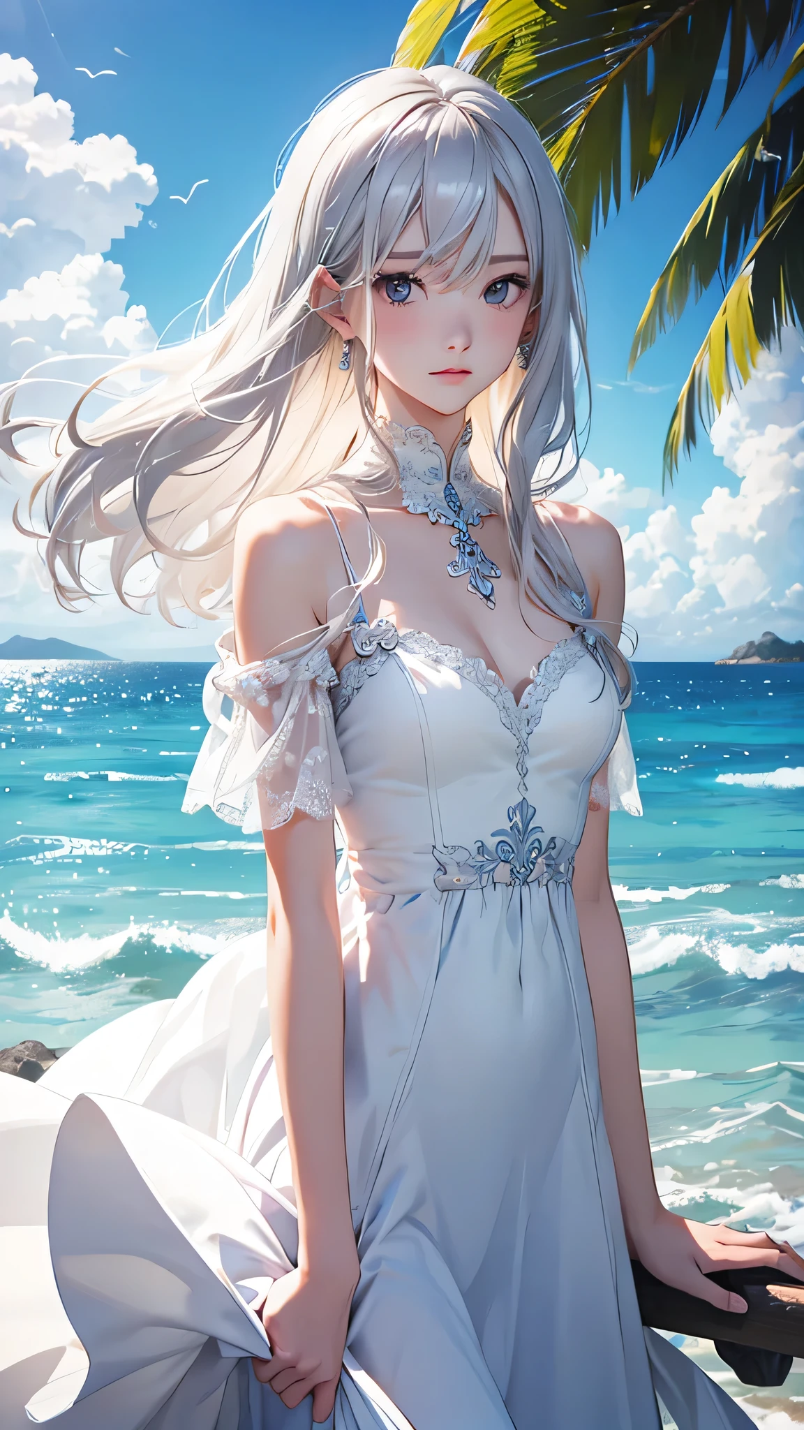 Seafront, Sunrise clouds, Long Sword Art Online, Lolita costume dress, Dynamic posture, 8K, High detail, hyper qualit, high resolution, 8k smooth, landscape shot, 8K, High detail, hyper qualit, high resolution, 8k smooth, landscape shot, super wide shot, iso-distance view
