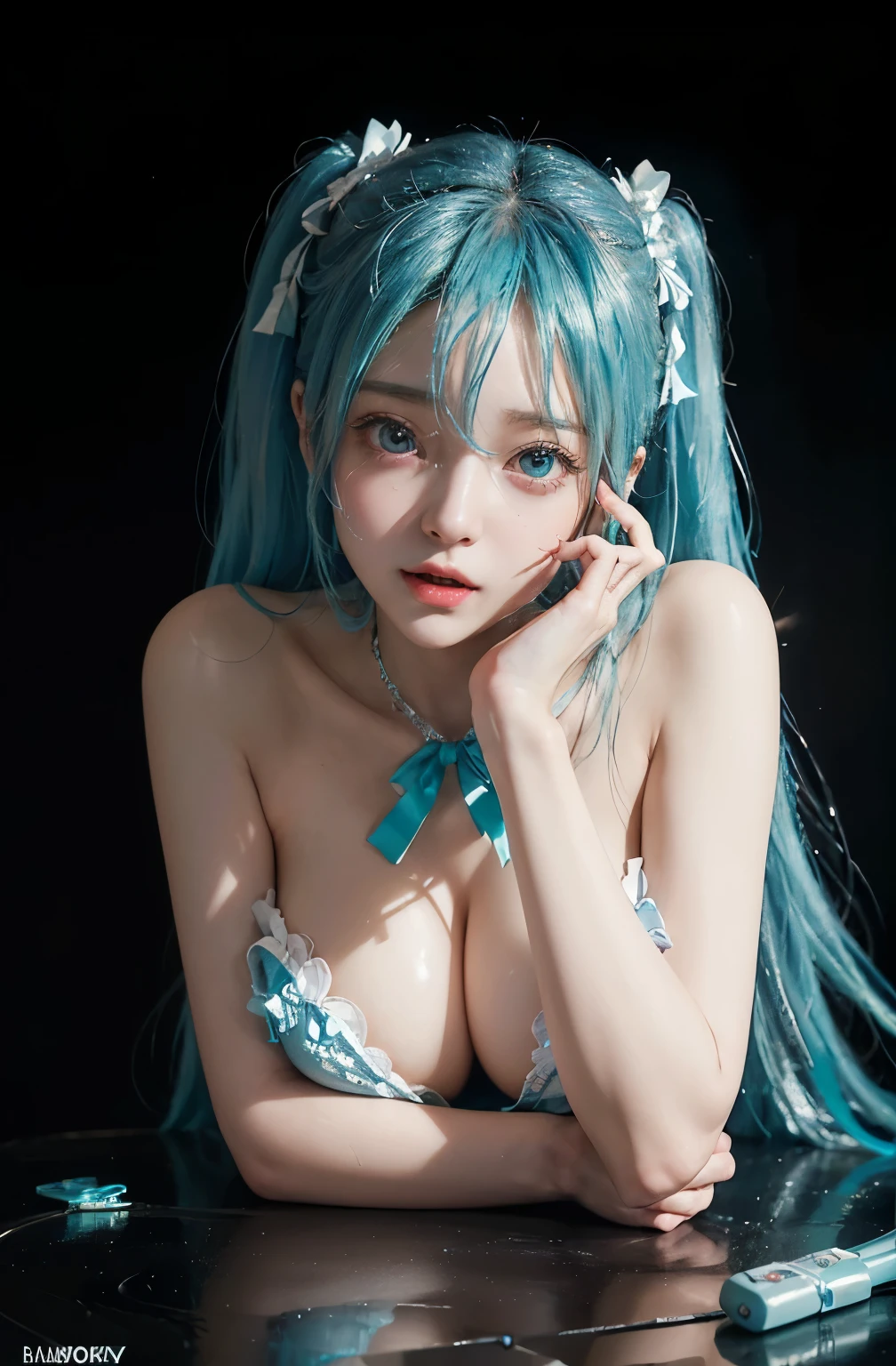 (8k, highest quality, masterpiece:1.2), Super detailed, (front focus), (in the dark:1.6), Hyperrealist portrait of female by david hockney and alphonse mucha, fantasy art, photo realistic, dynamic lighting, artstation, poster, volumetric lighting, very detailed faces, award winning,there is a doll sitting on a table next to a computer, mikudayo, pvc figurine, hatsune miku, pop up parade figure, miku, anime figurine, anime figure, she has pale blue skin!!!, white cyan, portrait of hatsune miku, rem rezero, anime peripheral, a happy meal toy of hatsune miku,anatomically correct,(in the dark, deep shadow, low key),Huge, full breasts,bared breasts,I can see her cleavage, (Cute smile, Upward glance),Bedroom,((in a seductive pose,sexually aroused face,With a face s in heat:1.5,Moist eyes:1.5,slightly open mouth):1.5))/