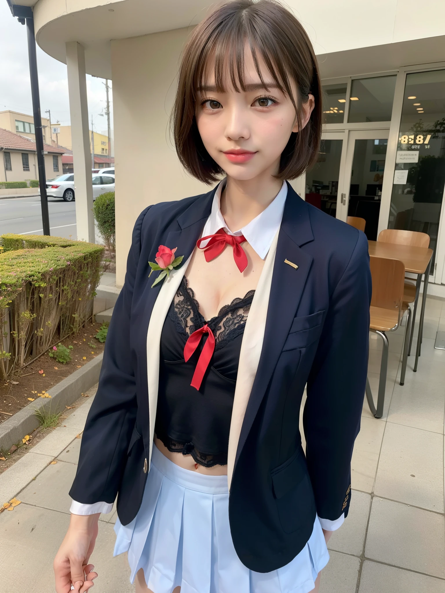 ((Best of the highest quality, 8k, Masterpiece: 1.3, raw photo)), Sharp focus: 1.2, (1 AESPA, slim body type female, 21 y/o: 1.1), (Solo: 1.28), (realistic, photo-realistic:1.37), face focus, cute face, finely eyes, side lighting, using reflectors, (small breasts, flat chest, Thigh: 1.3), (short messy hair, bangs: 1.28), (wearing blazer school uniform, bra, skirt:1.32), (ribbon:1.2), walking terrace dining, sun light, flower,