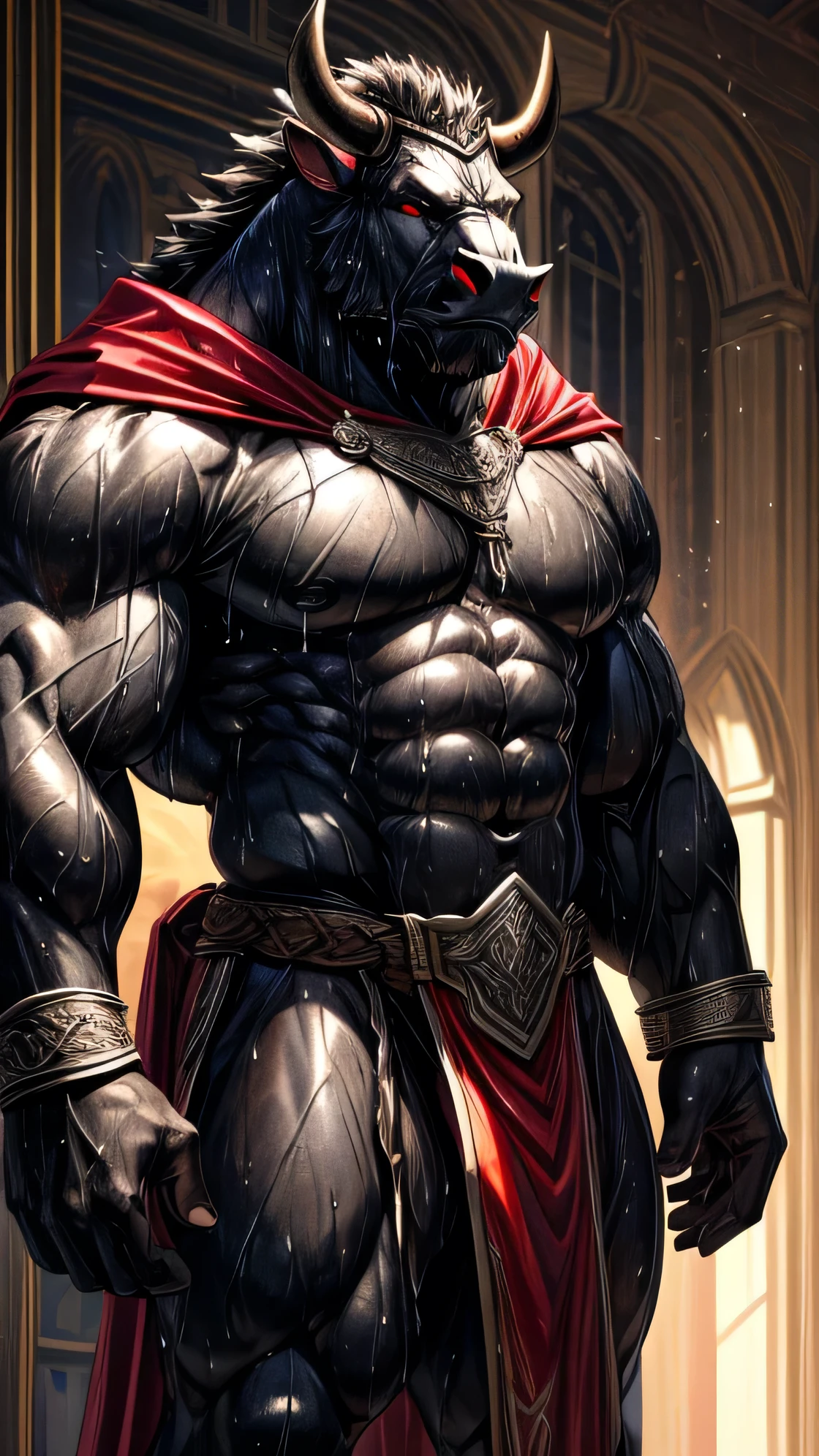 (best quality,highres:1.2),ultra-detailed,(realistic,photorealistic:1.37),dark background:night room,shadows, solo stand of the black bull showing off his muscles, chest and six-pack, (((drenched in excessive sweat over his muscular body))),(((no accessories or objects on the muscular body of the black bull))),black bull,tall,slim and muscular,red eyes,an armor that doesn't cover his muscles,elegant loincloth,a hideous red cape behind his back.