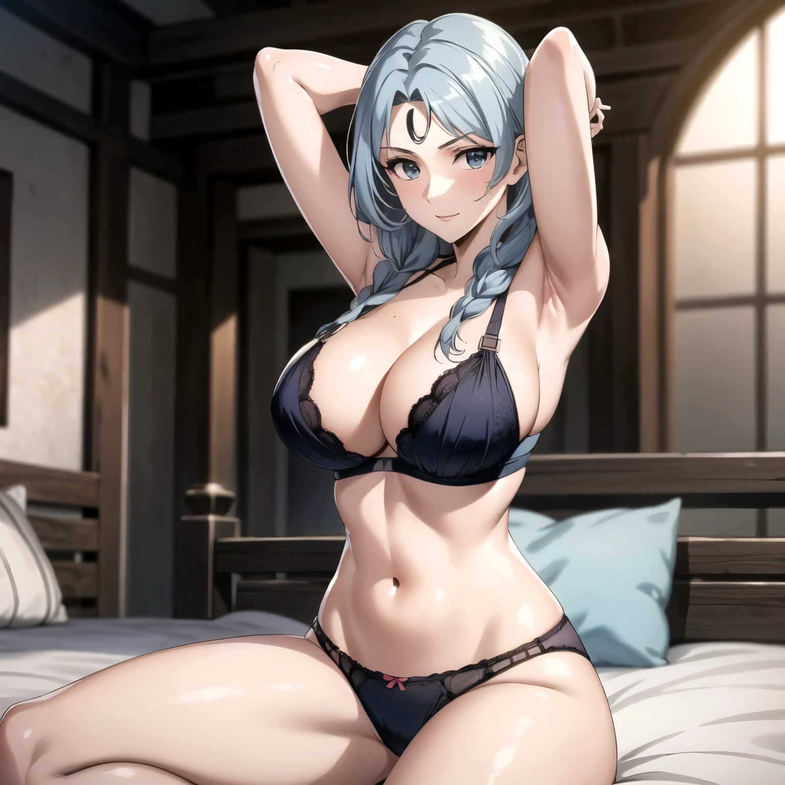Beautiful 25 year old woman braided light blue hair light skin., a jewel on his forehead pale skin, sonrisa coqueta, pechos grandes, sexy light blue bra and panties, She is alone on a bed, hands behind her head., mujer sola. joya azul en su frente