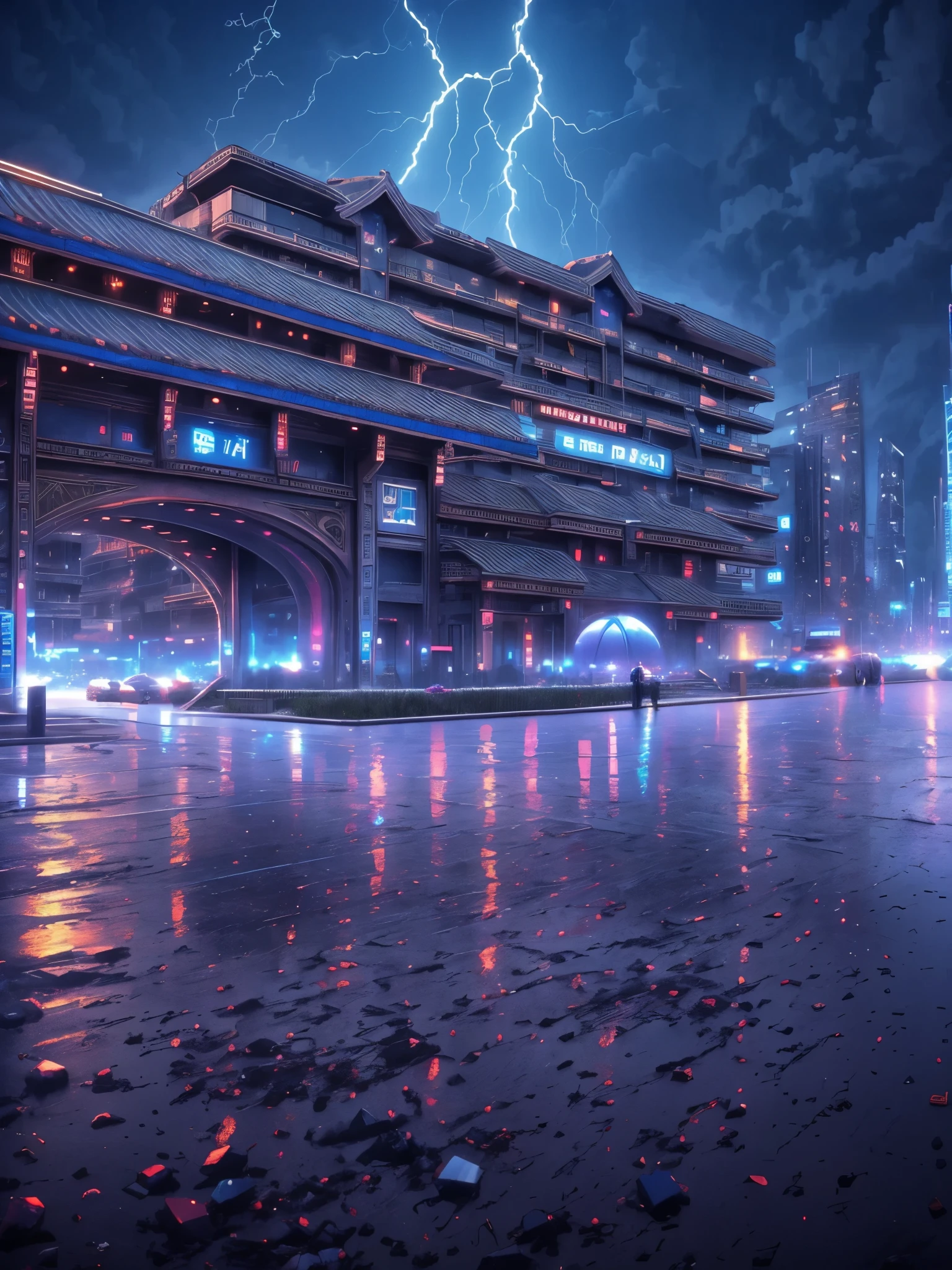 史诗迷幻Sky,Exceptionally heavy rainstorms,Heavy rain, psychedelic Sunset, outdoor, Sky, Storm Clouds, thunder, lightning, water, No_Humanity, cloudy_Sky, architecture, Star_(Sky), landscape, lens_Flare, Starry_Sky, reflection, Sunset, post apocalyptic City, post apocalyptic Cityscape, post apocalyptic Skyscraper, City_lamp, diffraction, Incredible color scheme, The perfect color scheme (A perfect masterpiece,best quality, Optimal resolution:1.5)(Perfect CG 8K UHD unified wall