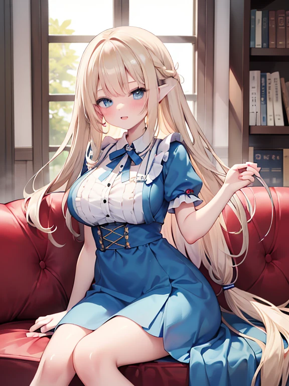 masterpiece, highest quality, Very detailed, 16k, Ultra-high resolution, Cowboy Shot, Alice in Wonderland, ****************, Detailed face, blue eyes, Blonde, Braid, Long Hair, Ribbon on head, Blue Dress, White apron, In a room with a big clock, Clock, wall clock, Bookshelf, Sit on the sofa