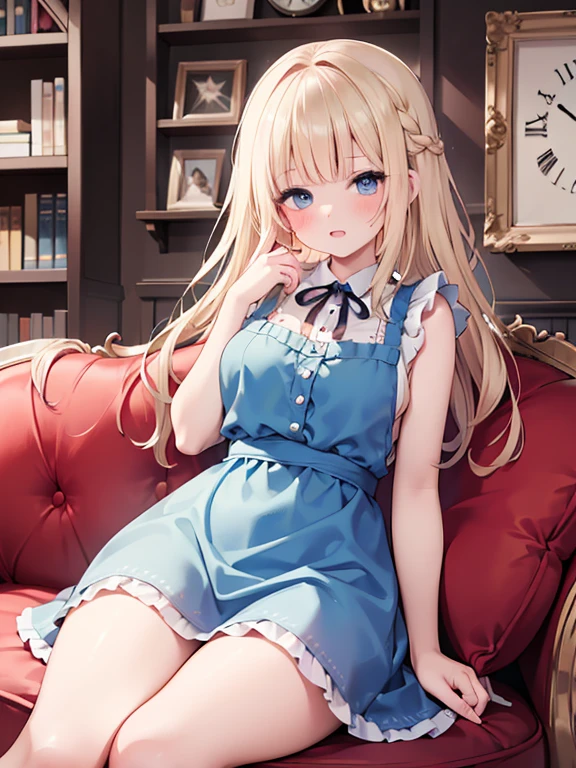 masterpiece, highest quality, Very detailed, 16k, Ultra-high resolution, Cowboy Shot, Alice in Wonderland, , Detailed face, blue eyes, Blonde, Braid, Long Hair, Ribbon on head, Blue Dress, White apron, In a room with a big clock, Clock, wall clock, Bookshelf, Sit on the sofa