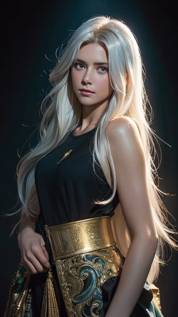 Hyperrealist photorealistic of female by david hockney and alphonse mucha,fantasy art, photo realistic, dynamic lighting, artstation, poster, volumetric lighting, very detailed faces, 4 k, award winning,, 1girl, in the dark, deep shadow, low key,cowboy shot,(official clothing:1.4) ,holding a gun,long hair,white hair,