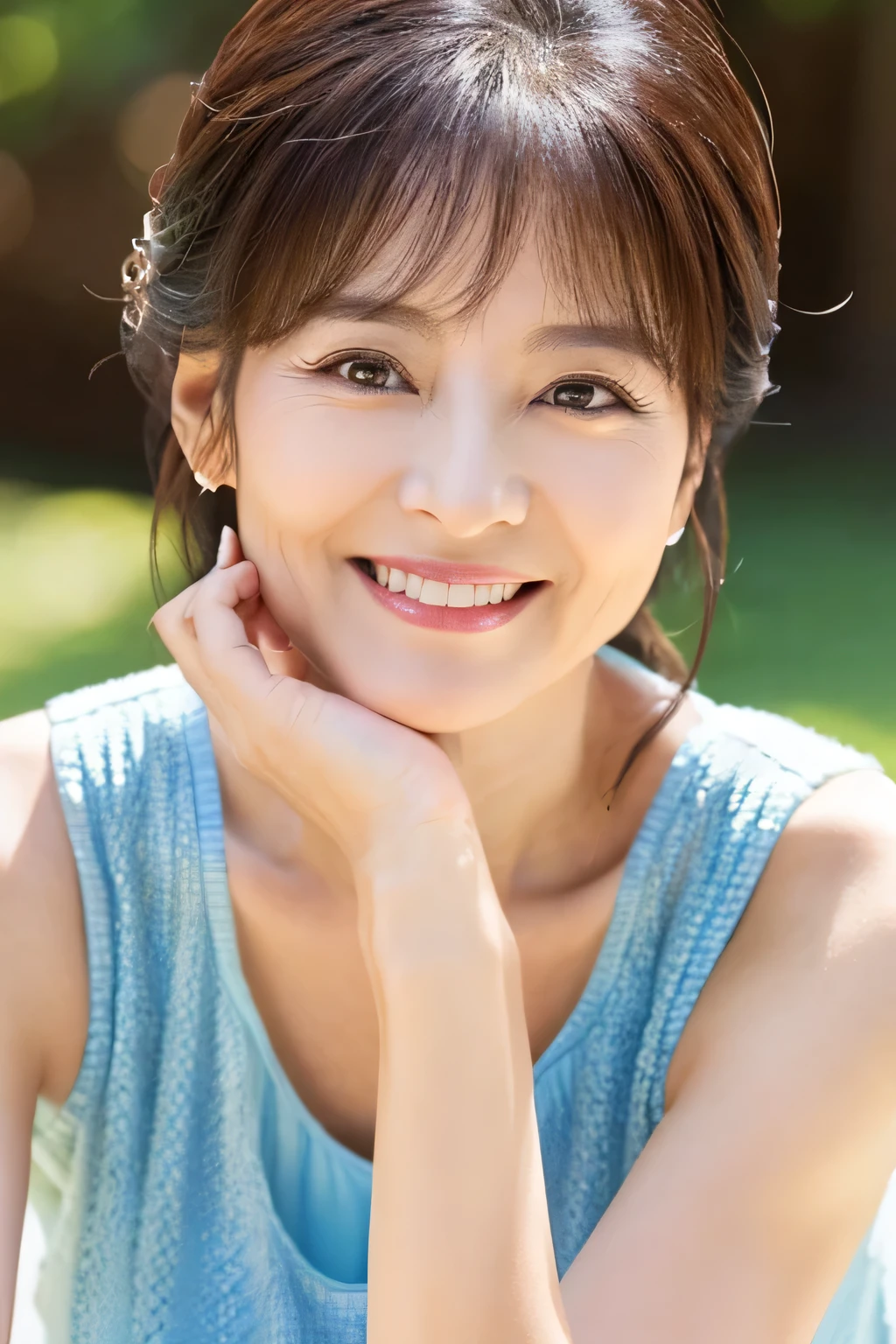 57 years old、smile、beautiful、Elegant adult attire、Shining eyes、stare、