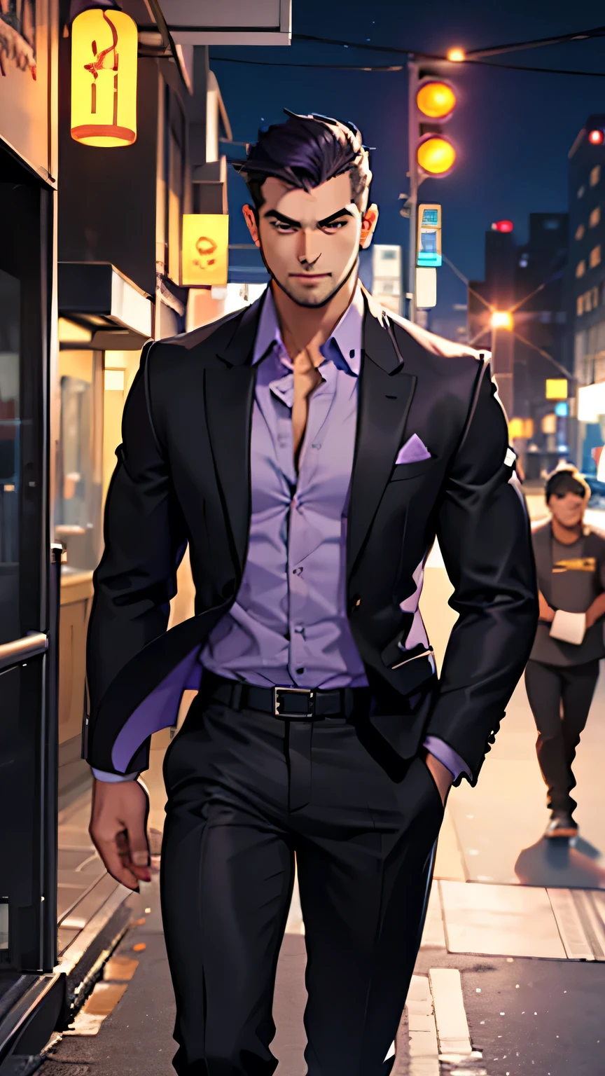 young weak man, thin arms, no definition, no beard, shorter brow hair, light eyes, tatoo, scars on the body, purple dress shirt, black pants, social style, city, night, organized crime