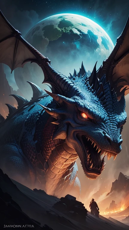 The planet earth becomes a dragon, the texture and color of the planet earth,incredible detailed shot of a magnificent dragon waking up from a thousand years of sleep, the gaze of half-open eyes driving you insane, concept art by Antonio Manzanedo