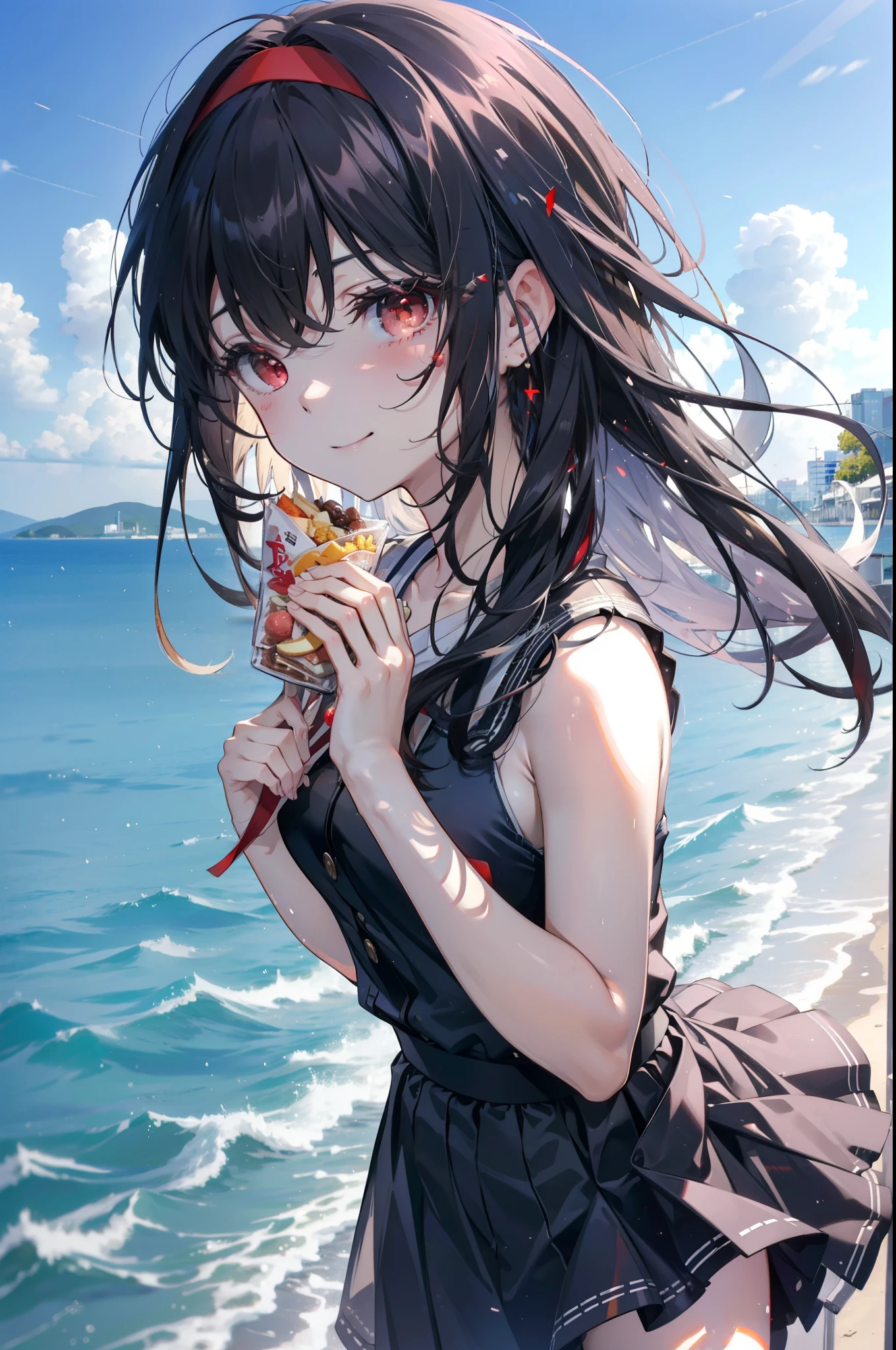 For profit, utaha kasumigaoka, Black Hair, hair band, Long Hair, (Red eyes:1.5),happy smile, smile, Open your mouth, Black sleeveless dress,Bare arms,Long skirt,Cute Sandals,whole bodyがイラストに入るように,Daytime,Clear skies,
break looking at viewer,whole body,
break outdoors, In town,Building district,Coastal Road,
break (masterpiece:1.2), highest quality, High resolution, unity 8k wallpaper, (figure:0.8), (Beautiful fine details:1.6), Highly detailed face, Perfect lighting, Highly detailed CG, (Perfect hands, Perfect Anatomy),