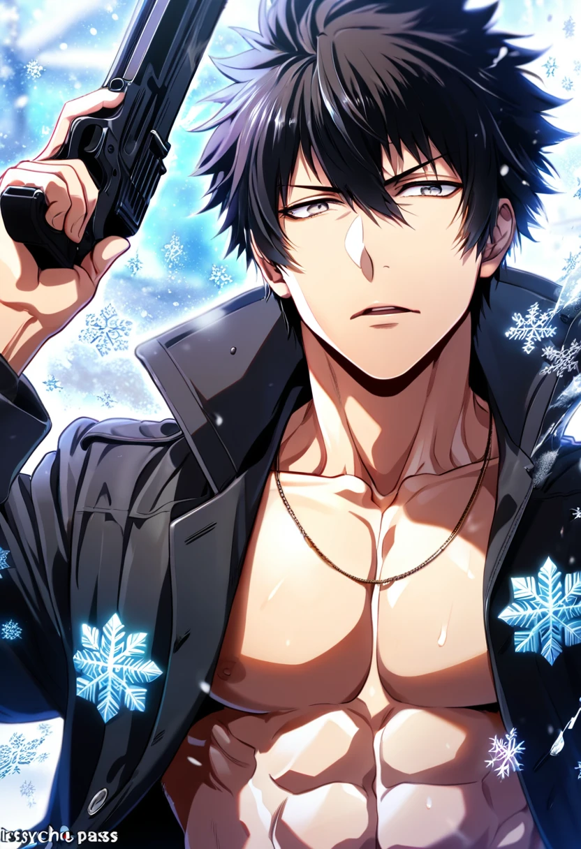 absurdres, highres, ultra detailed, HDR, master piece, best quality, Kougami Shinya, black hair, expressive gray eyes, Psycho Pass, solo, sexy man, handsome, toned chest, black coat, snowflakes, ice butterflies, winter, holding a gun