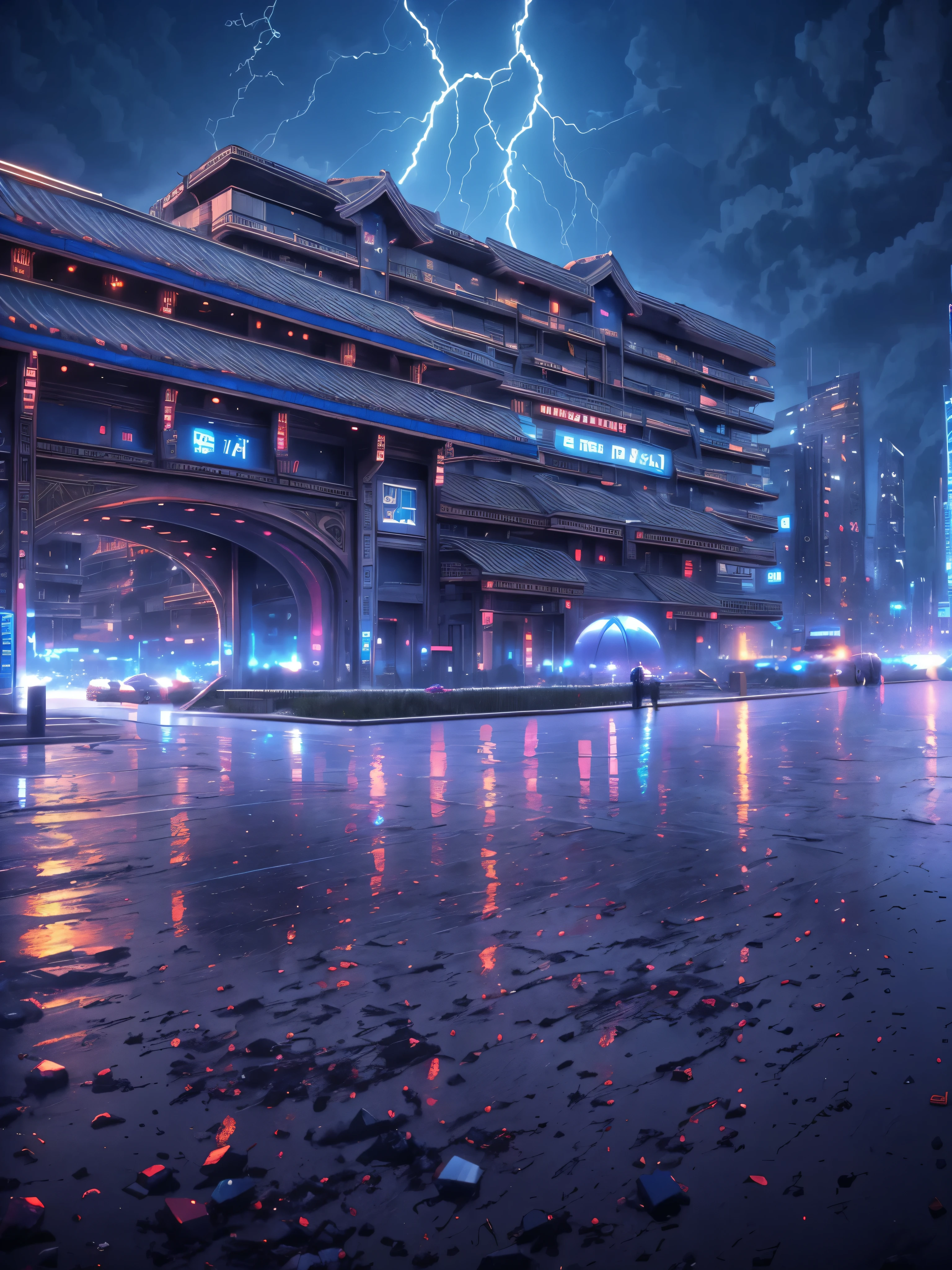 Epic Psychedelic Sky,Exceptionally heavy rainstorms，Heavy rain， psychedelic Sunset, outdoor, Sky, Storm Clouds, thunder, lightning, water, No_Humanity, cloudy_Sky, architecture, Star_(Sky), landscape, lens_Flare, Starry_Sky, reflection, Sunset, post apocalyptic City, post apocalyptic Cityscape, post apocalyptic Skyscraper, City_lamp, diffraction, Incredible color scheme, The perfect color scheme (A perfect masterpiece,best quality, Optimal resolution:1.5)(Perfect CG 8K UHD unified wall