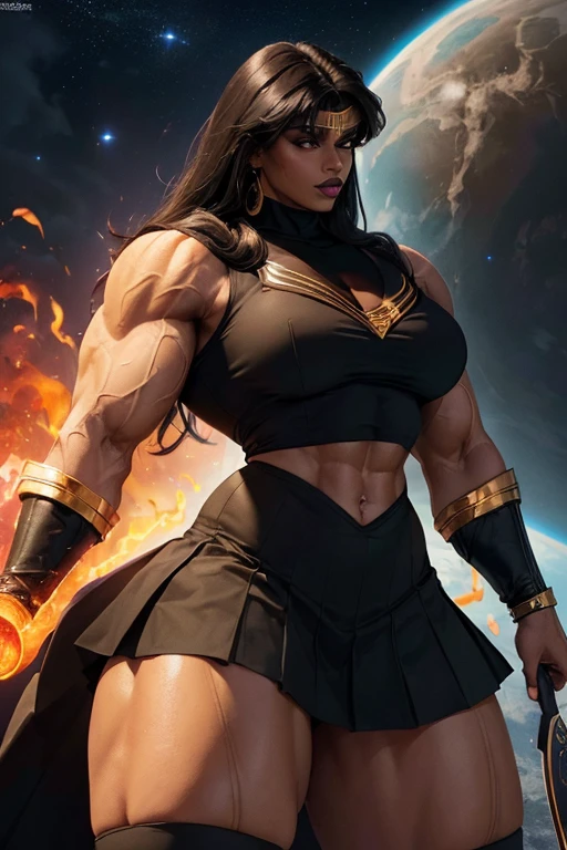 ((((Massive, tall, beautiful, buff, brown skinned  muscular woman with black hair, black lipstick, ginormous bulky muscles and wearing a black sailor moon costume and skirt)))), (close view), massive muscles, massive biceps, hyper muscle triceps, very dark skin, (long straight hair), orange eyes, black lipstick, black tiara, choker, sailor moon boots, holding a crescent scythe, fire, in space, Black hole, night time, smirk, hyper muscles arms, hyper muscle legs, ((massive arms)).