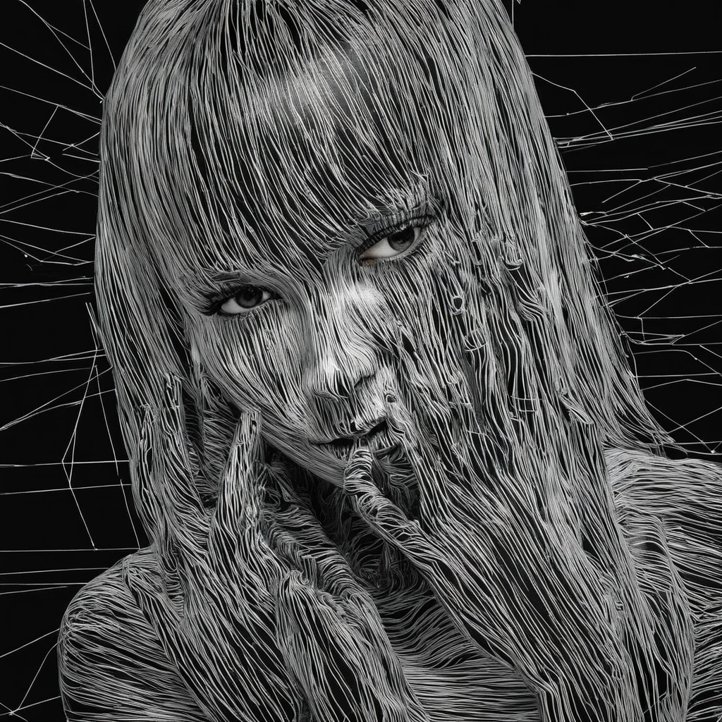 (line art:1.5)，a color，A beautyful girl,model shoot style,abstract paintings, (extremely detaild的 CG unified 8k wallpapers), A chaotic storm of lines rises from the complex liquid smoke overhead, Stylized abstract portrait of beautiful girl,heavy metal style，postmodern industrial style，ultra-realistic realism，Image of beautiful woman sculpture made from thin metal wire, golden curve structure, Woman sculpture made of wire,