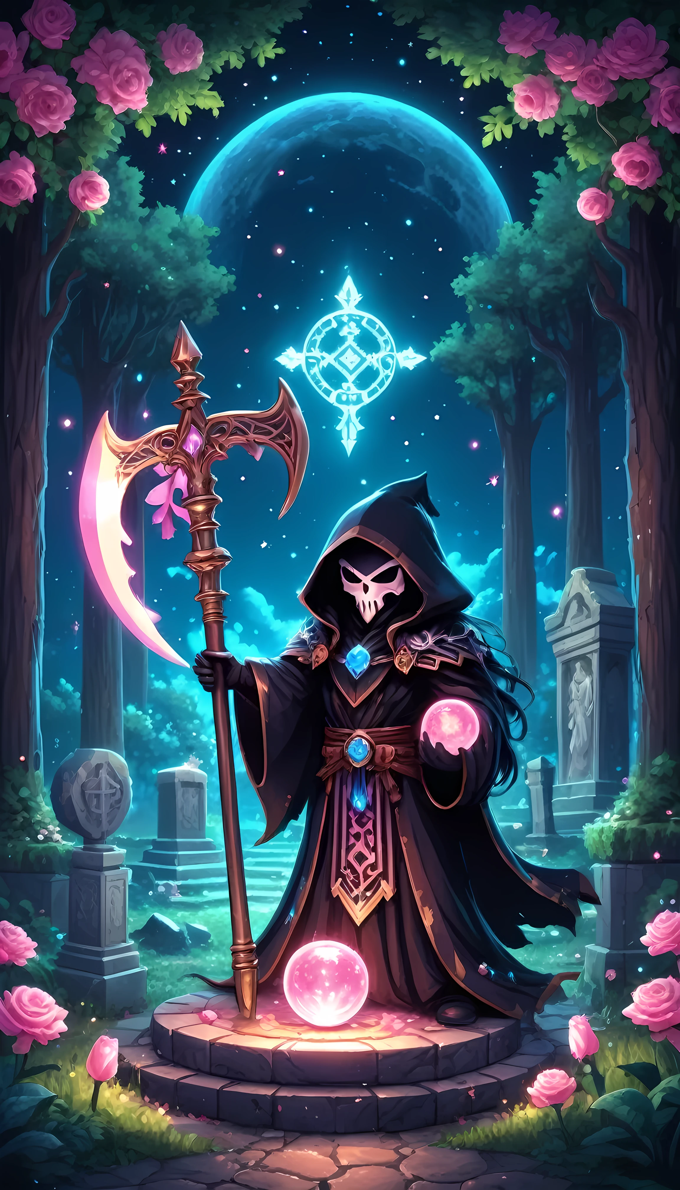 Bright epic professional (cute cartoon pixel illustration:1.2), (masterpiece in maximum 16K resolution, superb quality, ultra detailed:1.3), grip reaper holding a long (decorative scythe:1.2) with (light blue magic orbs), (floating pink petals), standing near a (grand tombstone), wearing a full dark cloak with intricate complex patterns and (glowing runes), amidst forest cemetery, sparkles, starry night with crescent moon.
