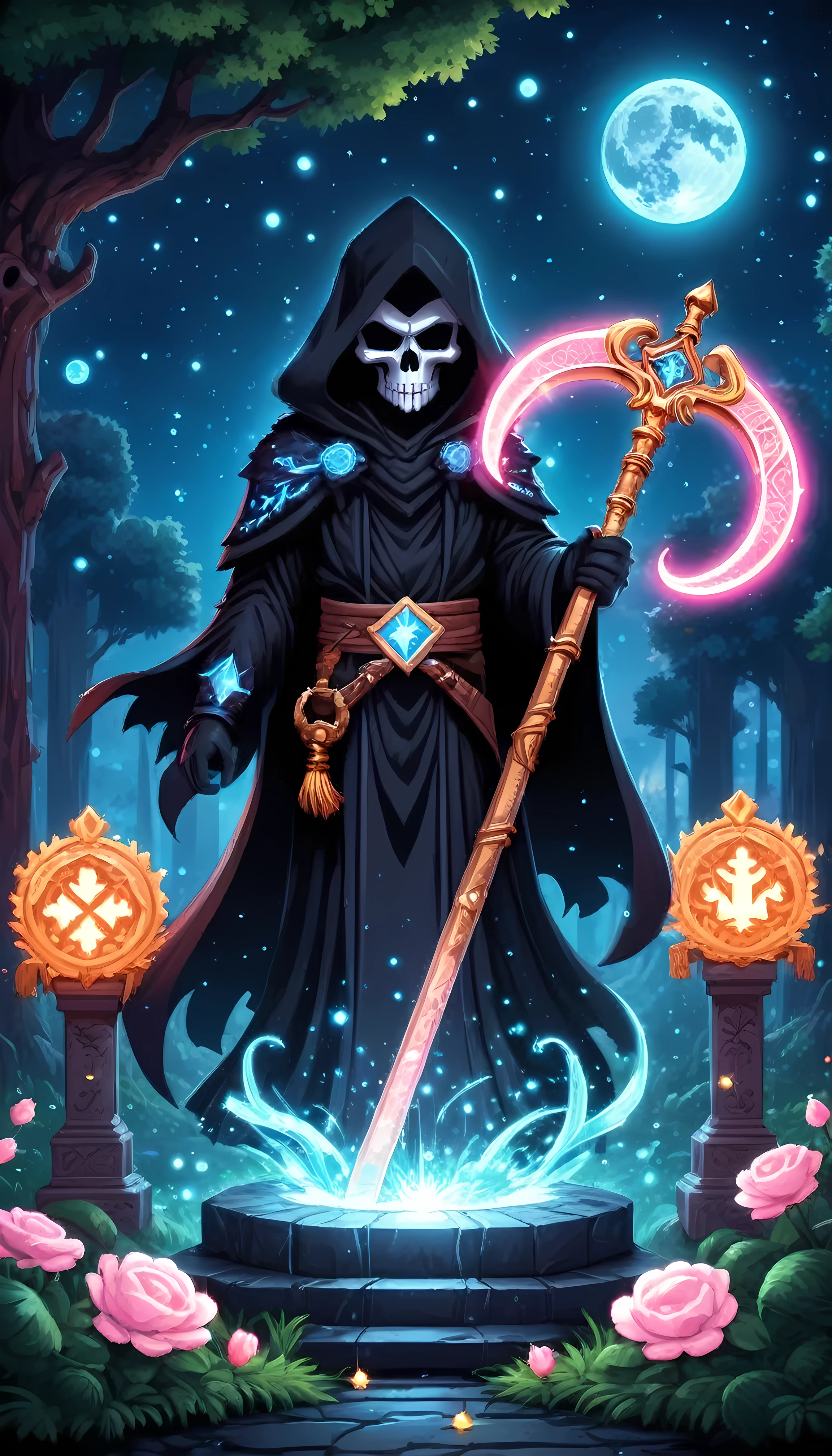 Bright epic professional (cute cartoon pixel illustration:1.2), (masterpiece in maximum 16K resolution, superb quality, ultra detailed:1.3), grip reaper holding a long (decorative scythe:1.2) with (light blue magic orbs), (floating pink petals), standing near a (grand tombstone), wearing a full dark cloak with intricate complex patterns and (glowing runes), amidst forest cemetery, sparkles, starry night with crescent moon.