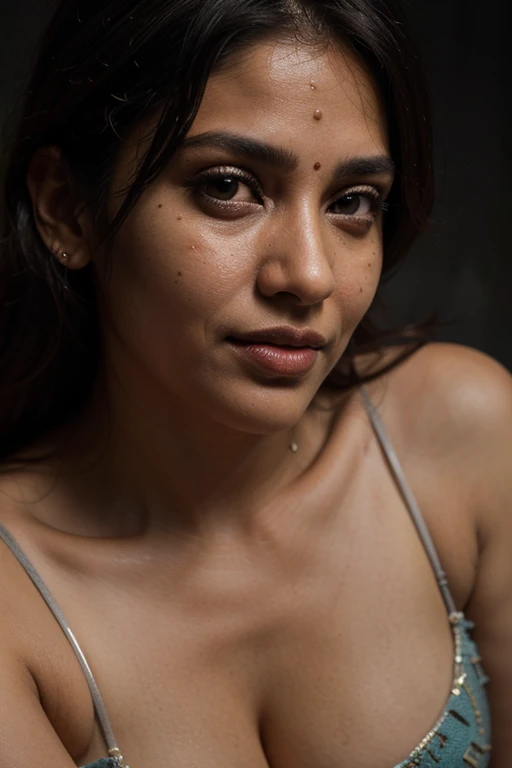 (close-up, editorial photograph of a 41 year old curvy South indian woman wearing bikinj), (highly detailed face:1.4) (smile:0.7) (background inside dark, moody,) POV, photograph,rich colors ,hyper realistic ,lifelike texture, dramatic lighting ,