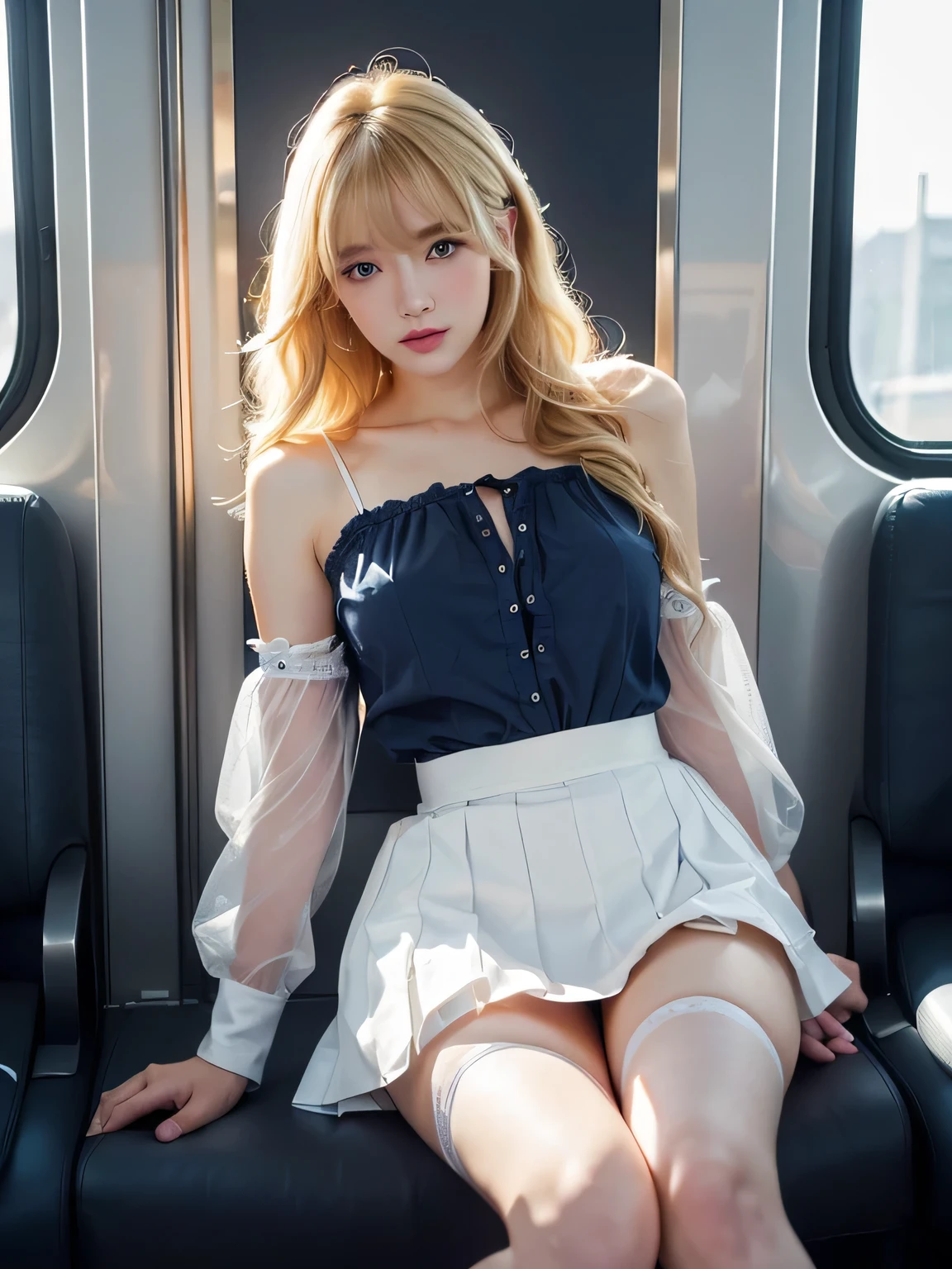 8K、Photo image masterpiece、highest quality、Super-resolution、Low angle view from the feet、Voyeur、Beautiful woman with golden, messy curly hair、((Blonde beauty))、With bangs、Impossibly cute face、And slim、Small breasts、High resolution、masterpiece、Exquisite Function 、Delicate eyes、Delicate blonde hair、8K quality、Pale light and shadow、Dindal effect、Blond hair blown by the wind、With bangs、Random Hairstyles、((A photo from the delicate feet)、(Detailed RAW Photos of Girls)、(Tabletop:1.25)、 (Highest quality:1.6)、(超High resolution:1.5)、(Real:1.75)、8K resolution、 (RAW Photos:1.2)、(Realistic:1.4)、Beautiful detailed woman、Very narrow waist、Very detailed eyes and face、Beautiful fine details, Ridiculous、Large file size、Very detailed、High resolution、highest quality、masterpiece、((A light navy blue summer blouse and a white skirt))、Very detailed、CG、Unified、8k wallpaper、wonderful、The finer detailasterpiece、highest quality、 Light on the face、sunglasses、Cinema Lighting、One 23 year old woman、((Inside a crowded train、Strong wind from the window in the car、Woman sitting in the front seat of a train、Men on both sides、The man on the right touches her thigh.、The man on the left is touching her breasts.、thighs are closed、Legs do not open、Wearing high heels、White Stockings、garter belt、Lighting from below、The inside of the skirt is also clearly visible.、Liked images、Voyeur: T-back panties of random colors and shapes peeking out from under a skirt、See-through thong panties、))