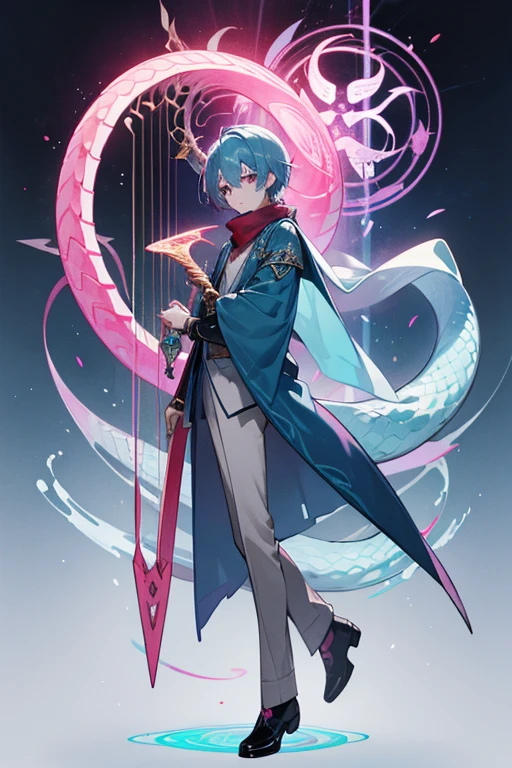 boy, pale blue hair, pinkish red eyes, full body, ble scarf, Serpent Tunic, Serpent bottom, Harp, Ophiuchus overcoat, Ophiuchus Sign,
