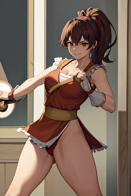 masterpiece, best quality, beautiful art, high resolution, well formed hands, body and fingers, 1 woman, solo, Xiangling up , adult, hair ribbon,big breasted, cleavage, full body, long hair, hair ornament gorgeous legs and thighs, cosplaying as Maki Genryusai, sexy and skimpy red kimono, pelvic curtain, underwear peek, she is fighting in a combat match at a martial arts tournament, she is getting ready to fight, making her guard pose, action and fighting scene, about to hit the viewer, looking at the viewer, sweating , feeling confident and proud, smiling joyfully and happily, charming her opponent with her beauty, bouncing breasts, fighting scene, martial arts tournament on the beach