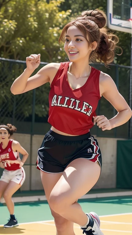 A gorgeous woman with curly auburn hair in a high bun, wearing a fitted, sleeveless basketball top and high-waisted shorts. She is dribbling the ball with a bright smile on her face, her ample chest and toned legs accentuated by her outfit. A teammate is running alongside her, ready to receive a pass. The background includes a bustling outdoor basketball court with a visible hoop, cheering spectators, and urban buildings.