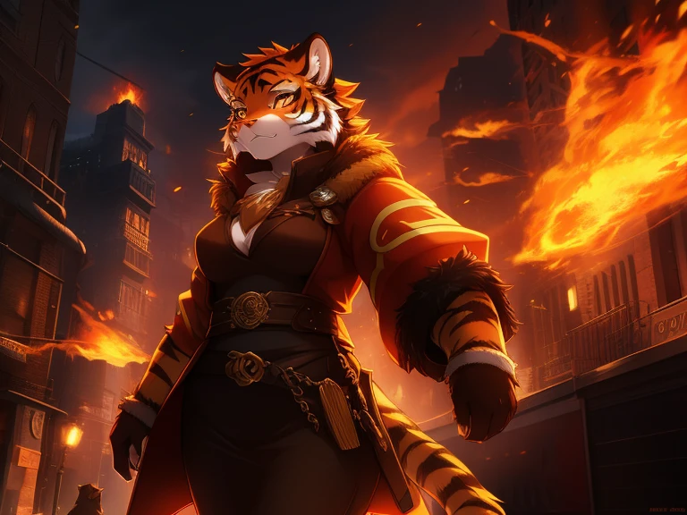 tiger, anthro, female, fur coat, (best quality), (detailed fire urban background:1.2), dramatic lighting, (detailed fluffy fur:1.1), (fantasy:1.2)