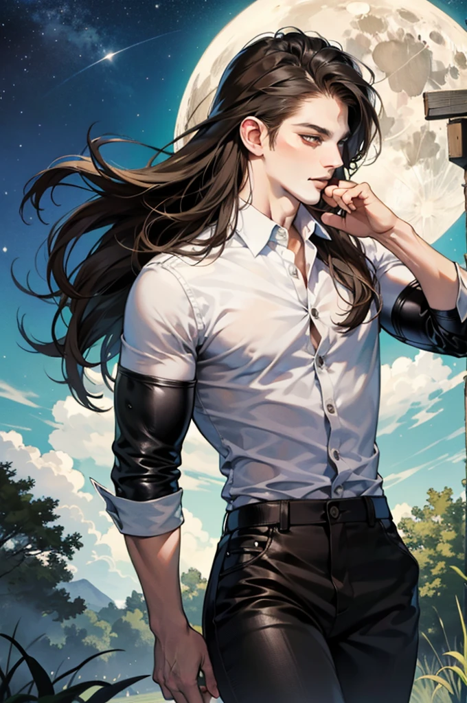 (absurdres, highres, ultra detailed), 1man, 30 years old man, adult man, handsome, tall,, finely detailed eyes and detailed face, black leather pants, white shirt, night, smile, dutch angle, ((long hair, brown hair)), moon, forest, bad boy, gothic, dark, looking at the view, pale skin, green detailed eyes, eyeliner, (masculine), sexy, smirk, seductive, slightly muscular, very attractive, flirtatious, mature, ((adult mature face)), medium large shoot, (MLS), conceited, egocentric