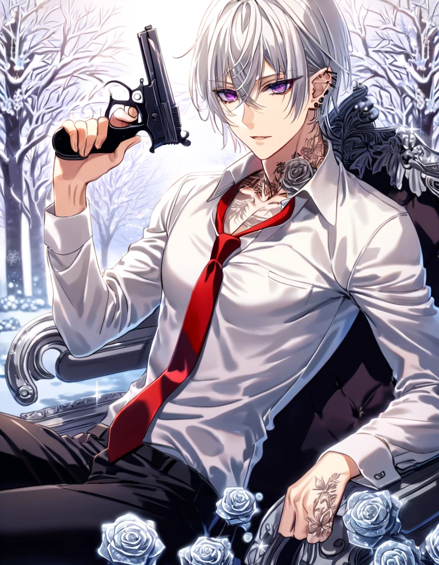 Ultra detailed, HDR, Highres, absurdres, master piece, Zero Kiryuu, white hair, short hair, expressive purple eyes, Vampire Knight, ice butterflies, winter, ice, snowflakes, white flowers, sexy man, solo, extremely detailed face and eyes, handsome, glittering, toned chest, white shirt, tattoo on his neck, ear piercings, Vampire Knight black uniform, red necktie, sitting, black pants, cross uniform, holding a silver pistol (Bloody Rose)