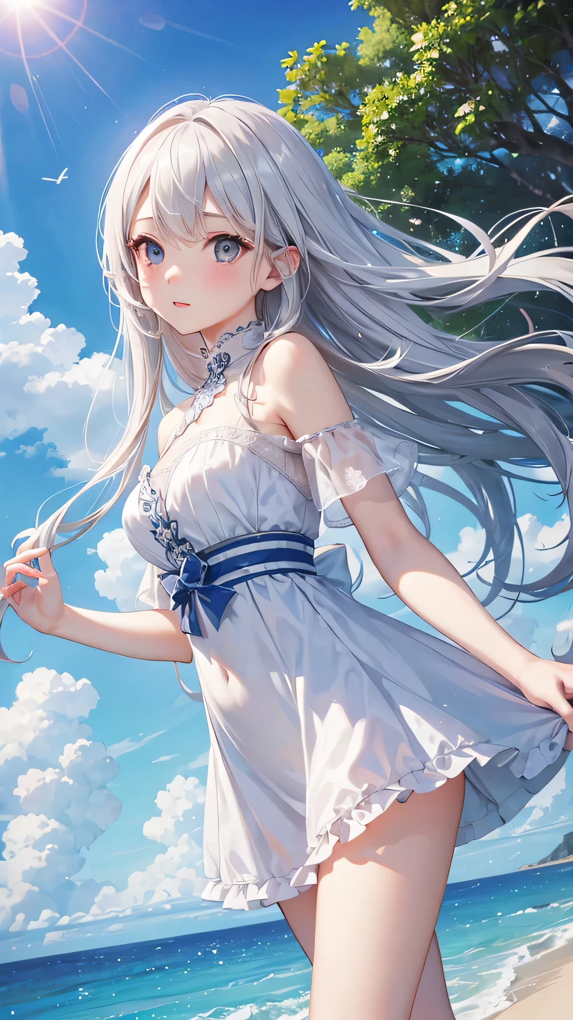 highest quality、Realistic、female、zoom、cute、Gray Eyes、Platinum Blonde Hair、long hair、 Dresses、Ocean、blue sky、