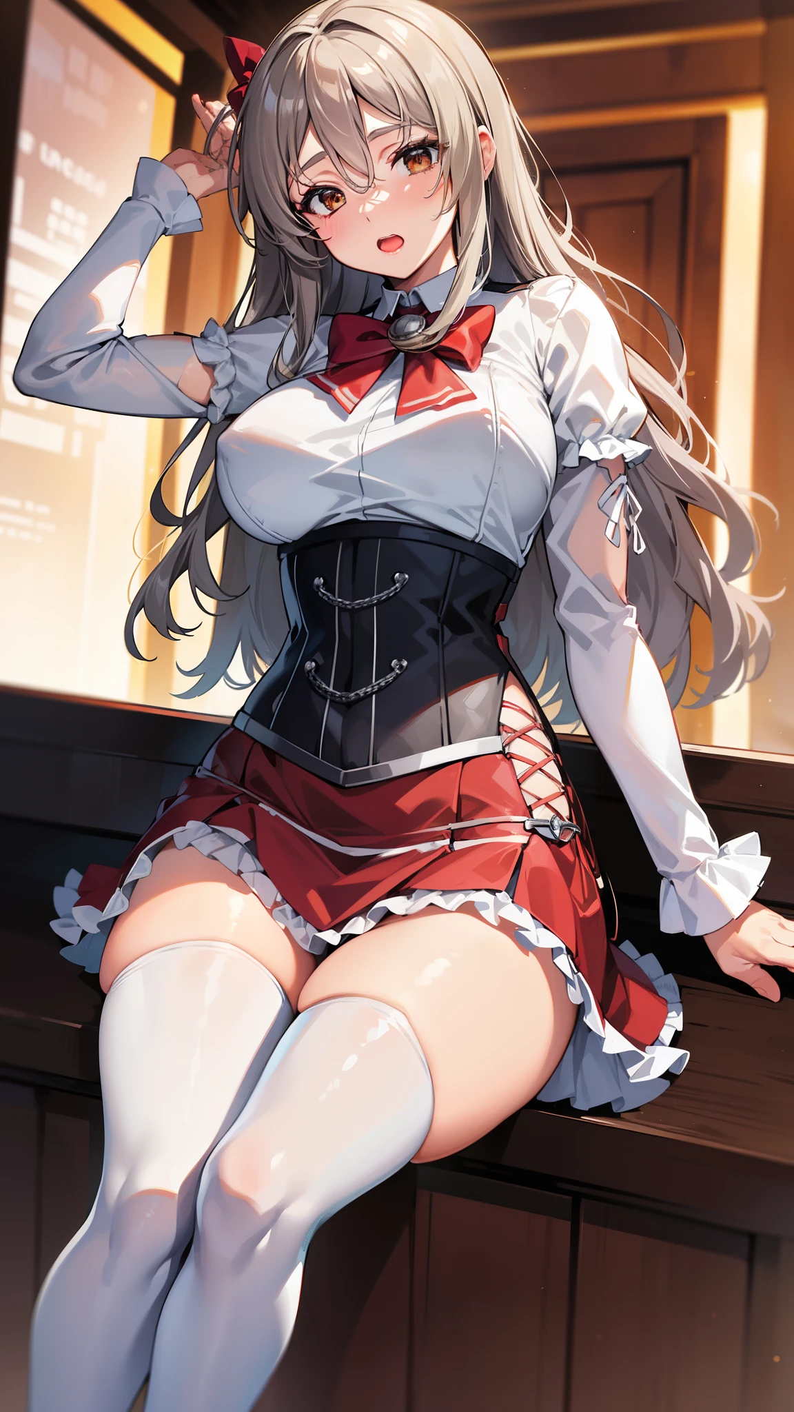 Open your mouth, Mature Woman,Shiny body, Shiny skin, ,Big Breasts ,Shiny skin,BTPT-FC,Wide Hips,Half KC, (Long sleeve) shirt, (white) shirt, (white) corset, Frills, Bodice, (red) bow tie, (red) miniskirt, (white) Thighs Thighs Thighs Thighs, (mini) Have, Inclined Have, Knee-high boots,bar ,