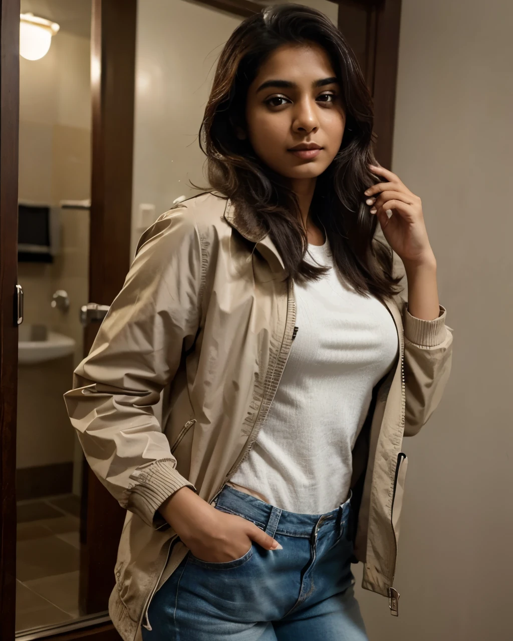 Tanvi with a jacket. Realistic, best quality image. 